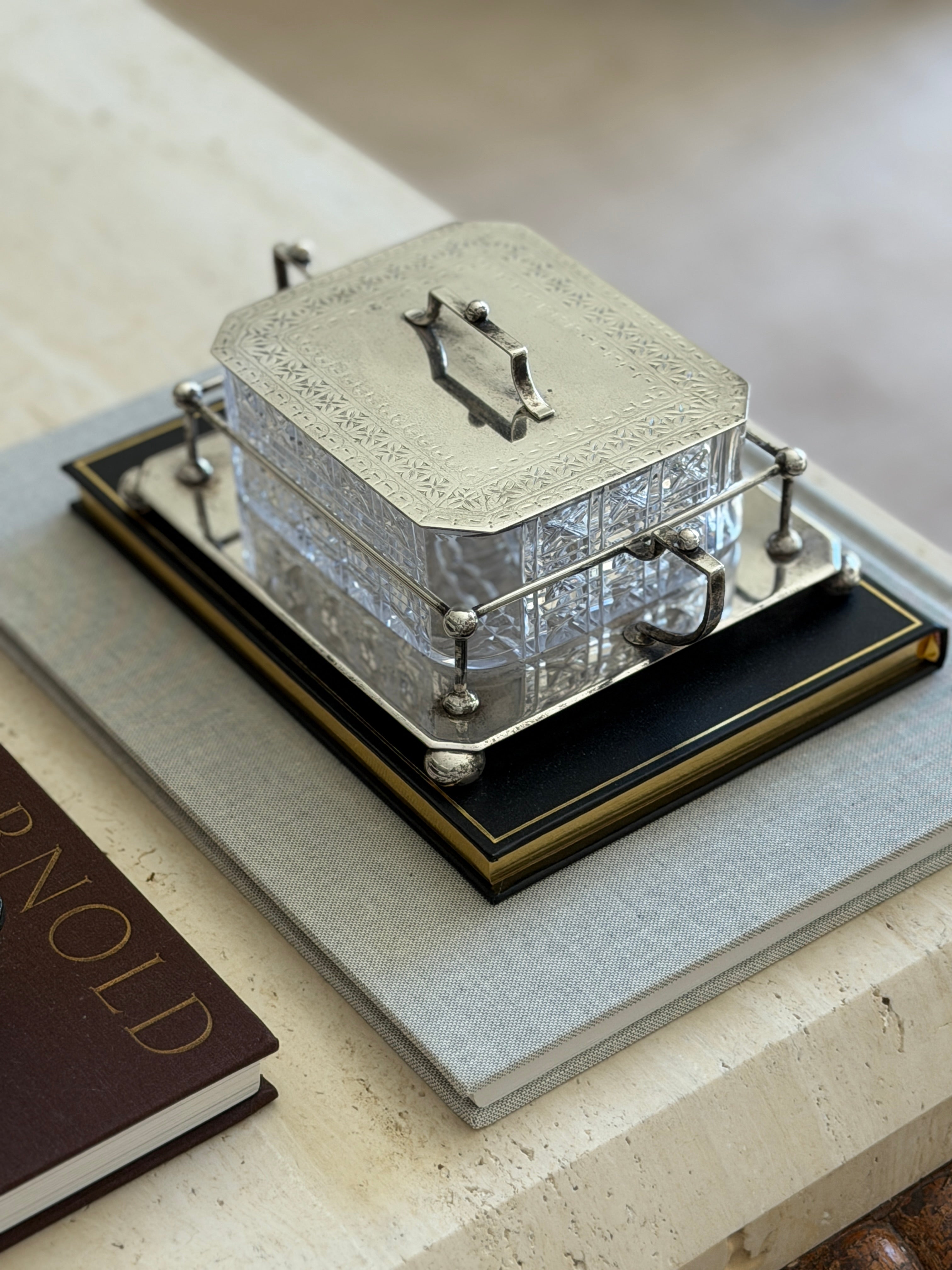 Antique Hukin Heath Sardine Box with Cut Glass Dish Silver Plate Frame Lid England c.1860 | Collectors Gene