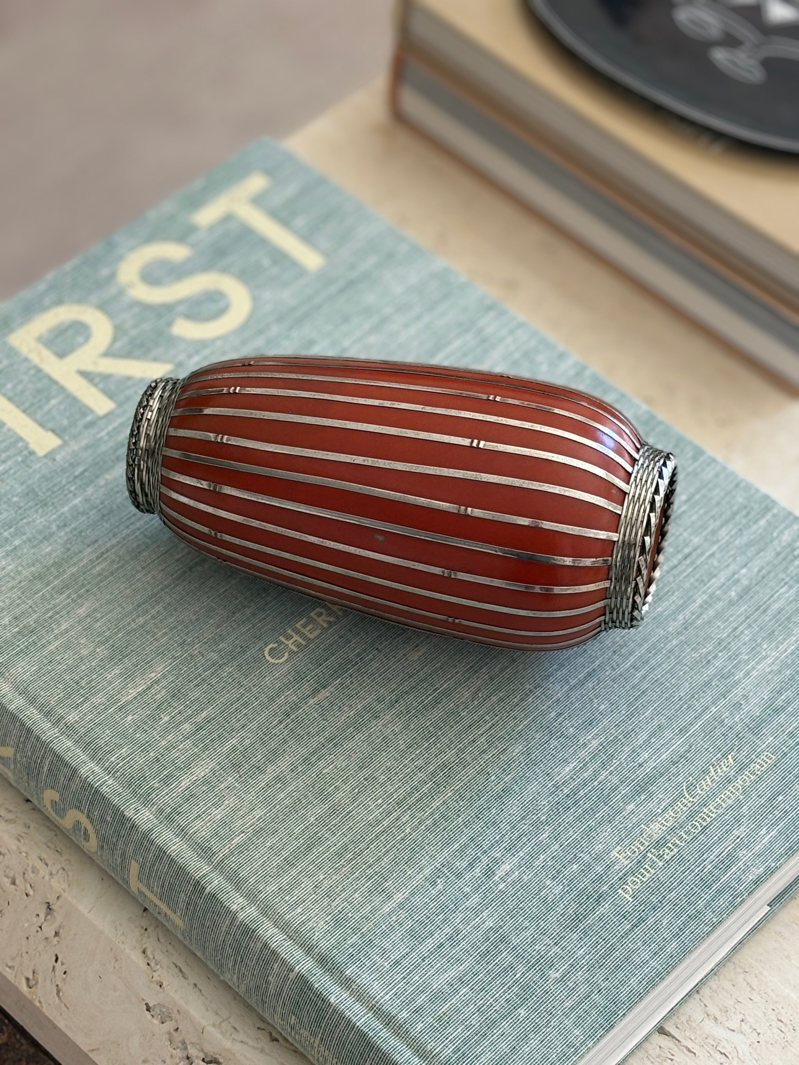 Antique Japanese Meiji Period Vase in Orange Red with Silver Basketweave | Collectors Gene