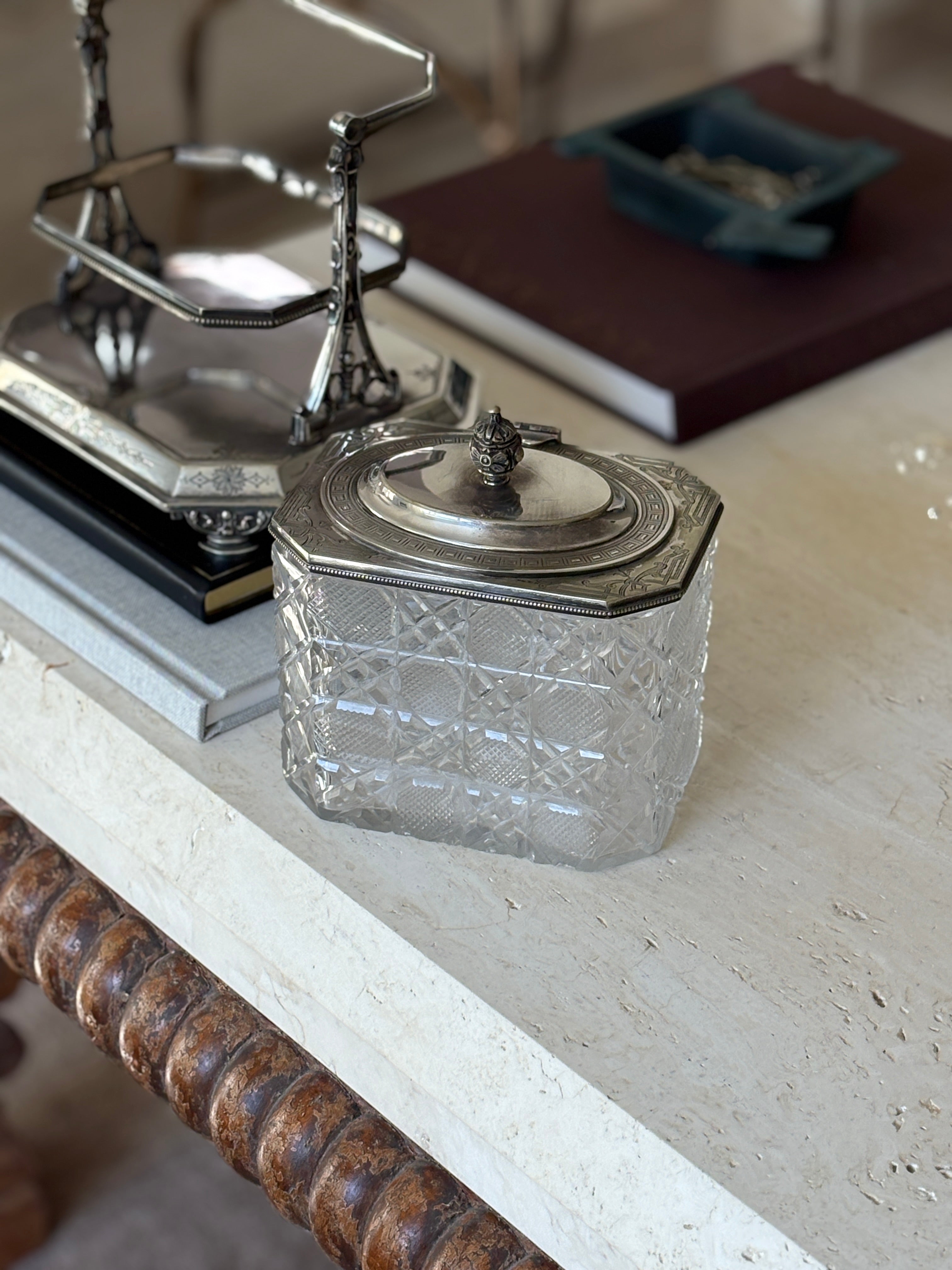 Antique Silverplate & Cut Glass Biscuit Box on Stand – Boardman, Glossop & Co. (Late Victorian) | Collectors Gene