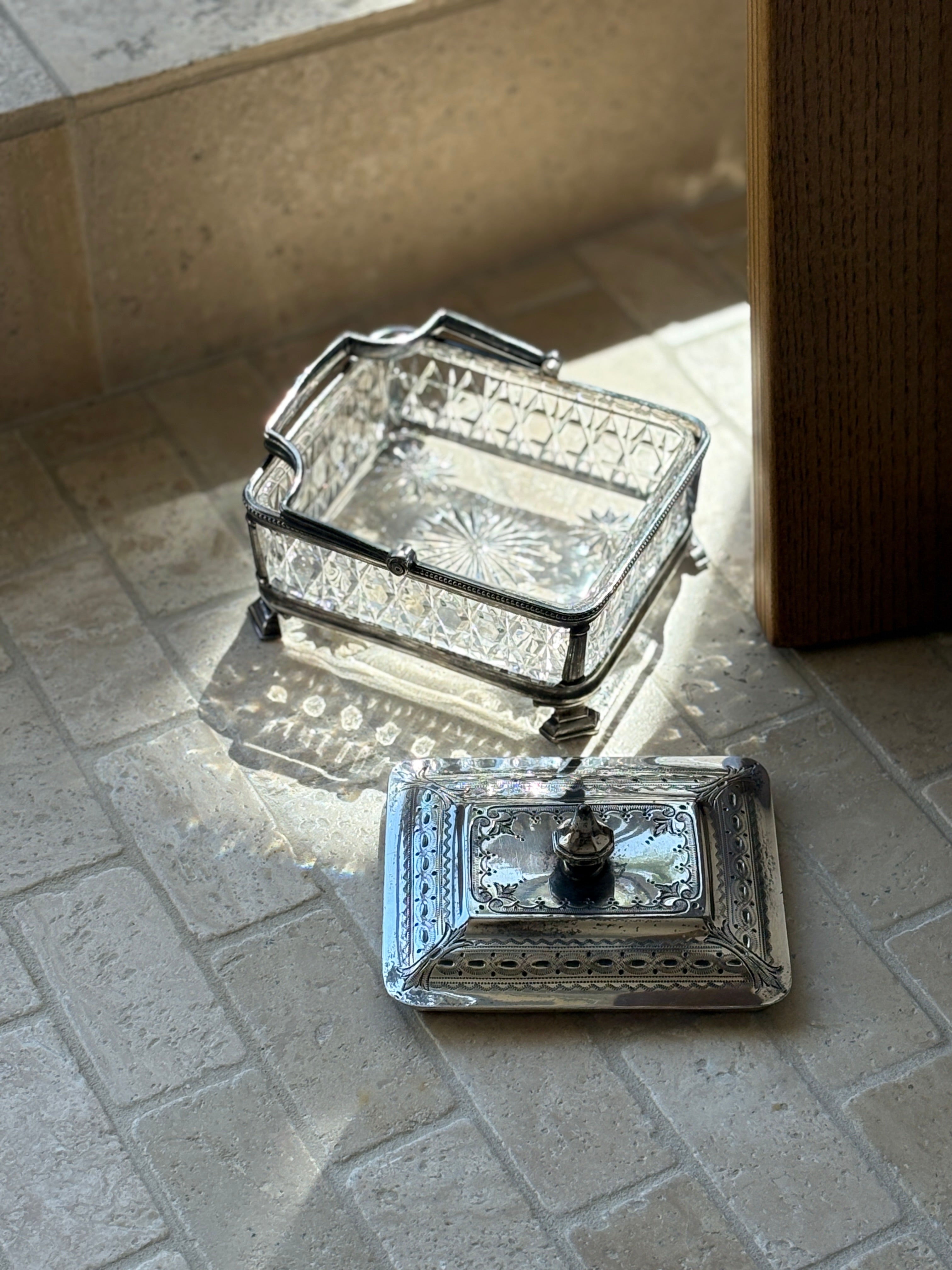 Antique Victorian Sardine Box in Silver-Plated & Cut Glass with Lid and Handle | Collectors Gene