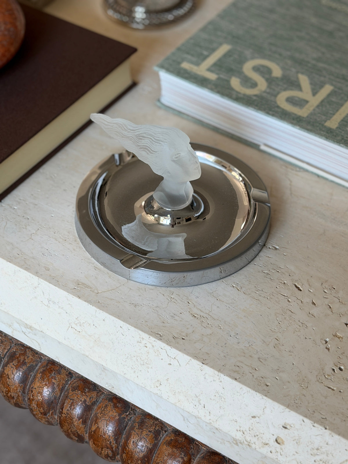 Art Deco frosted glass ashtray featuring the Lady Nicotine figure