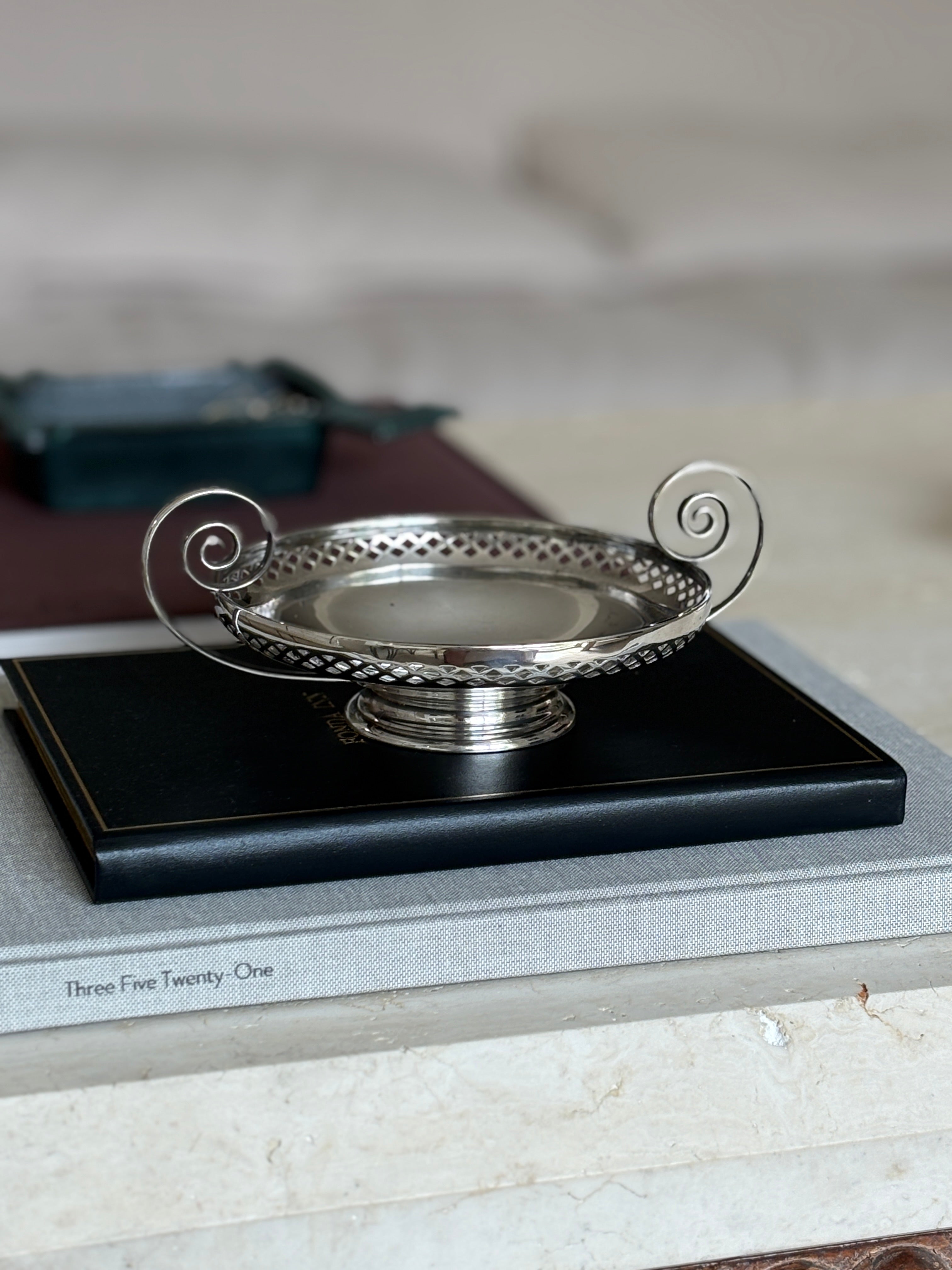 Art Nouveau Silver-Plated Pierced Pedestal Bonbon Dish with Scroll Handles by Mappin Webb | Collectors Gene