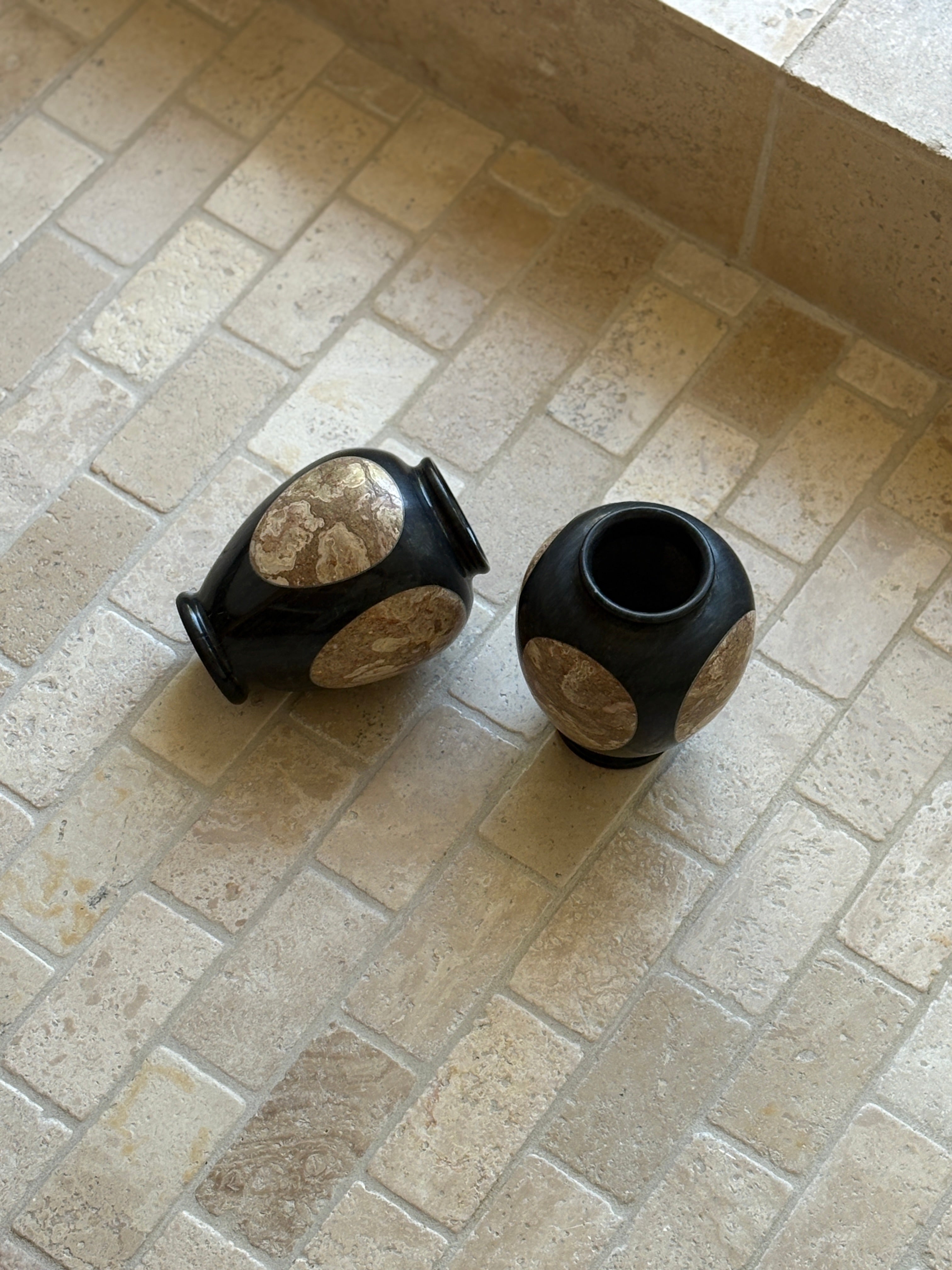 Black Marble Vases with Natural Stone Inlay (Pair) | Collectors Gene