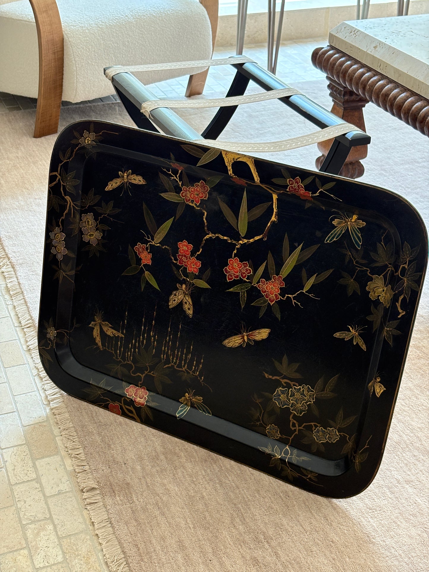 British Black Lacquer Chinoiserie Vintage Tray Table | Collectors Gene Vintage Luxury