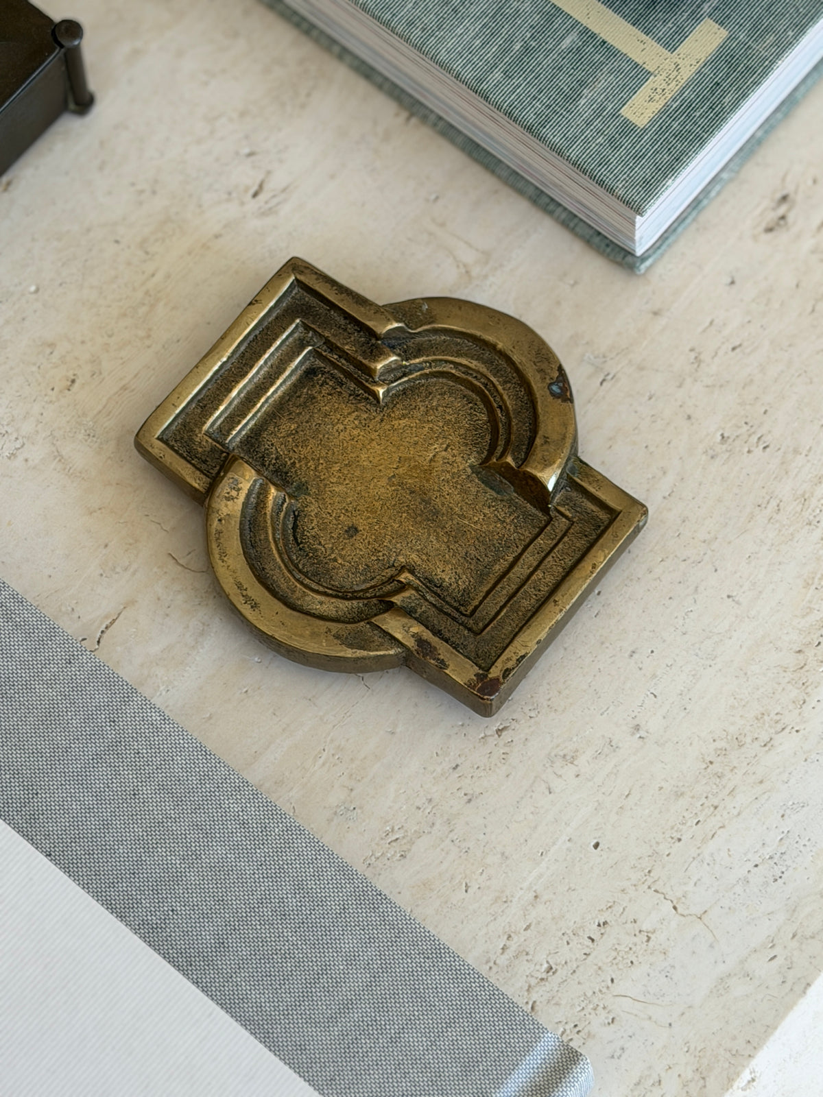 Collectors Gene vintage brutalist bronze architectural vide poche styled on modern office side table