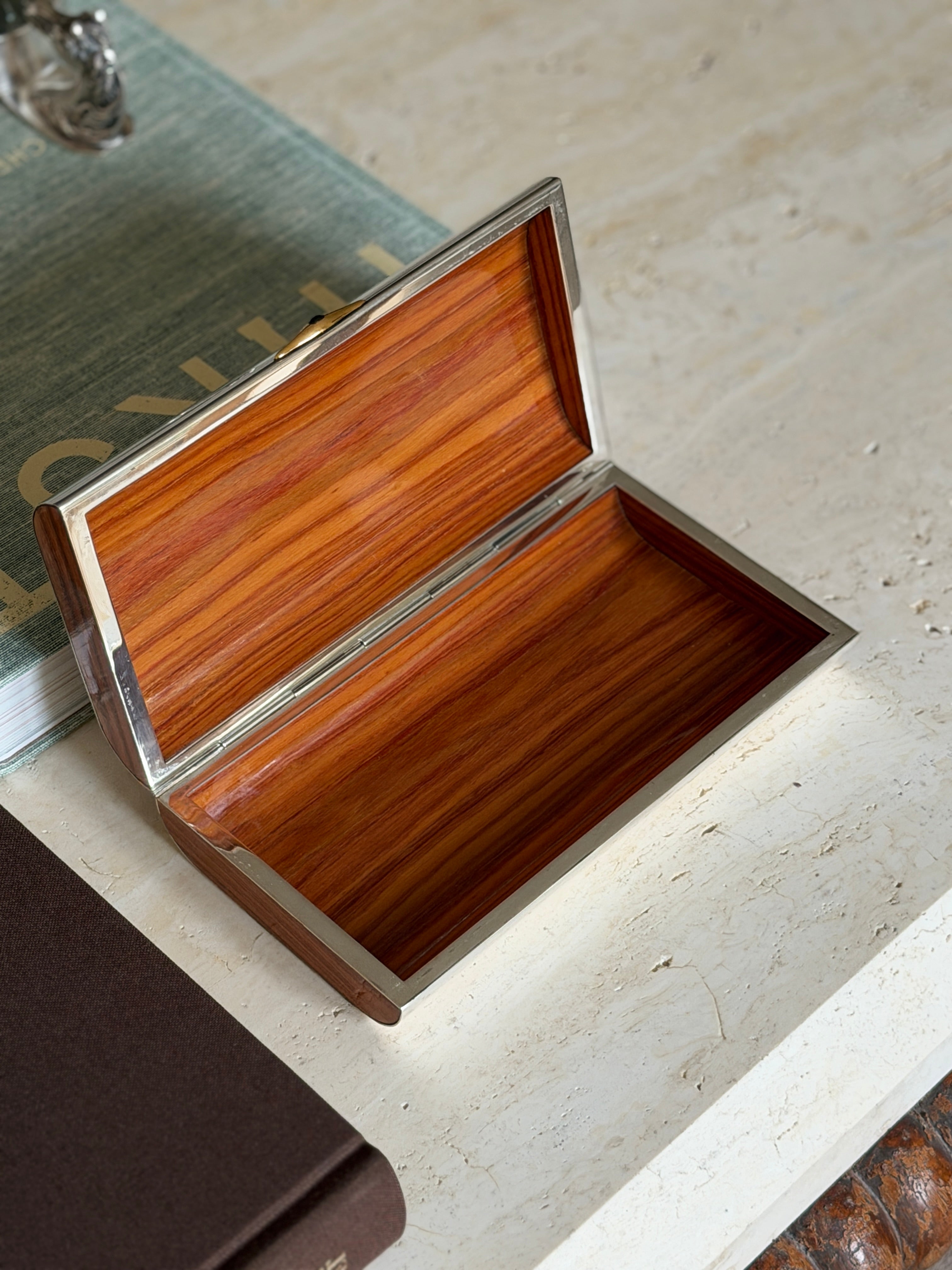 Cartier Sterling Silver Box with Lacquered Wood & Sapphire Cabochon