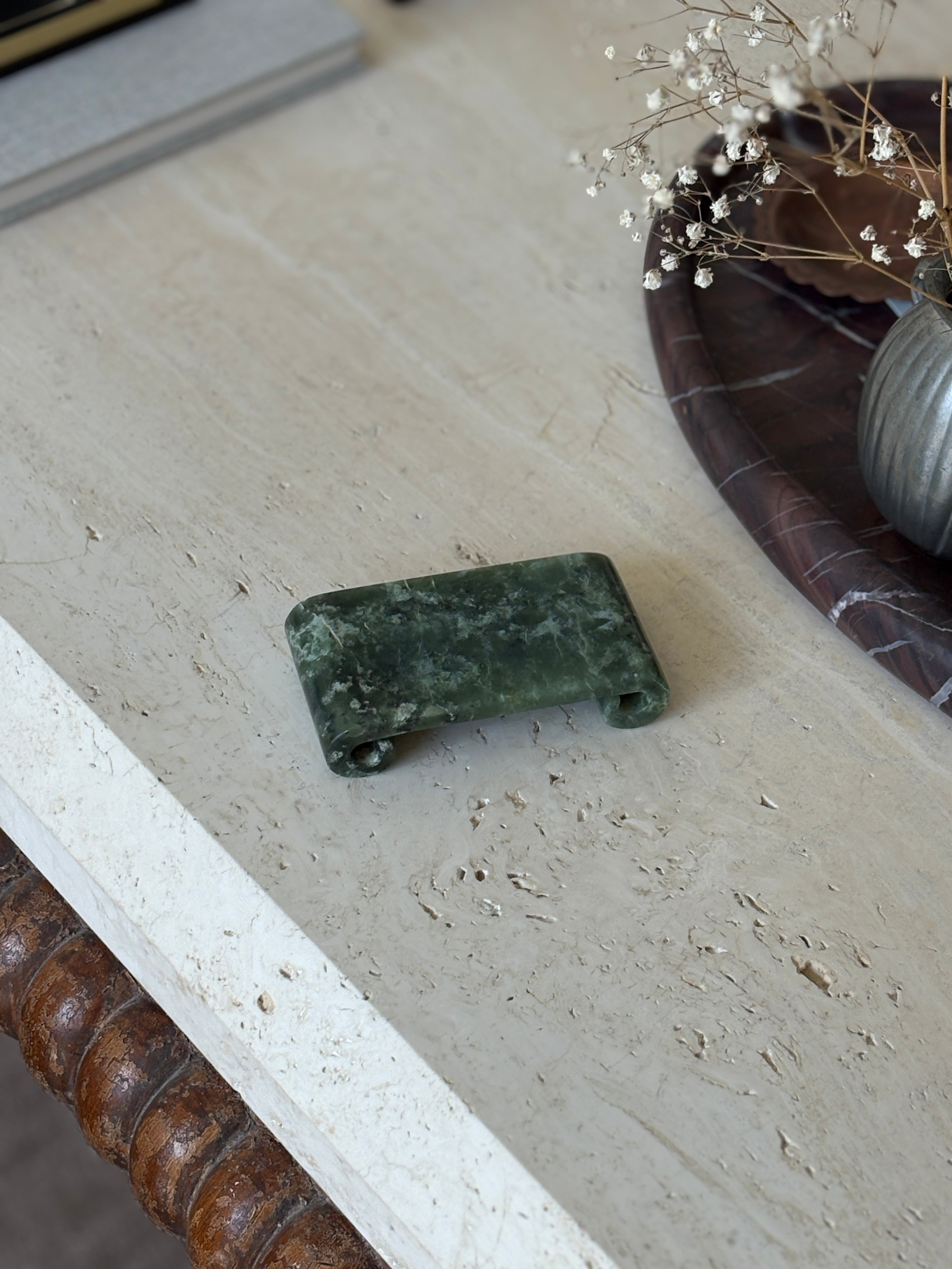 Chinese Jade Stone Pedestal Stand with Scroll Details | Collectors Gene