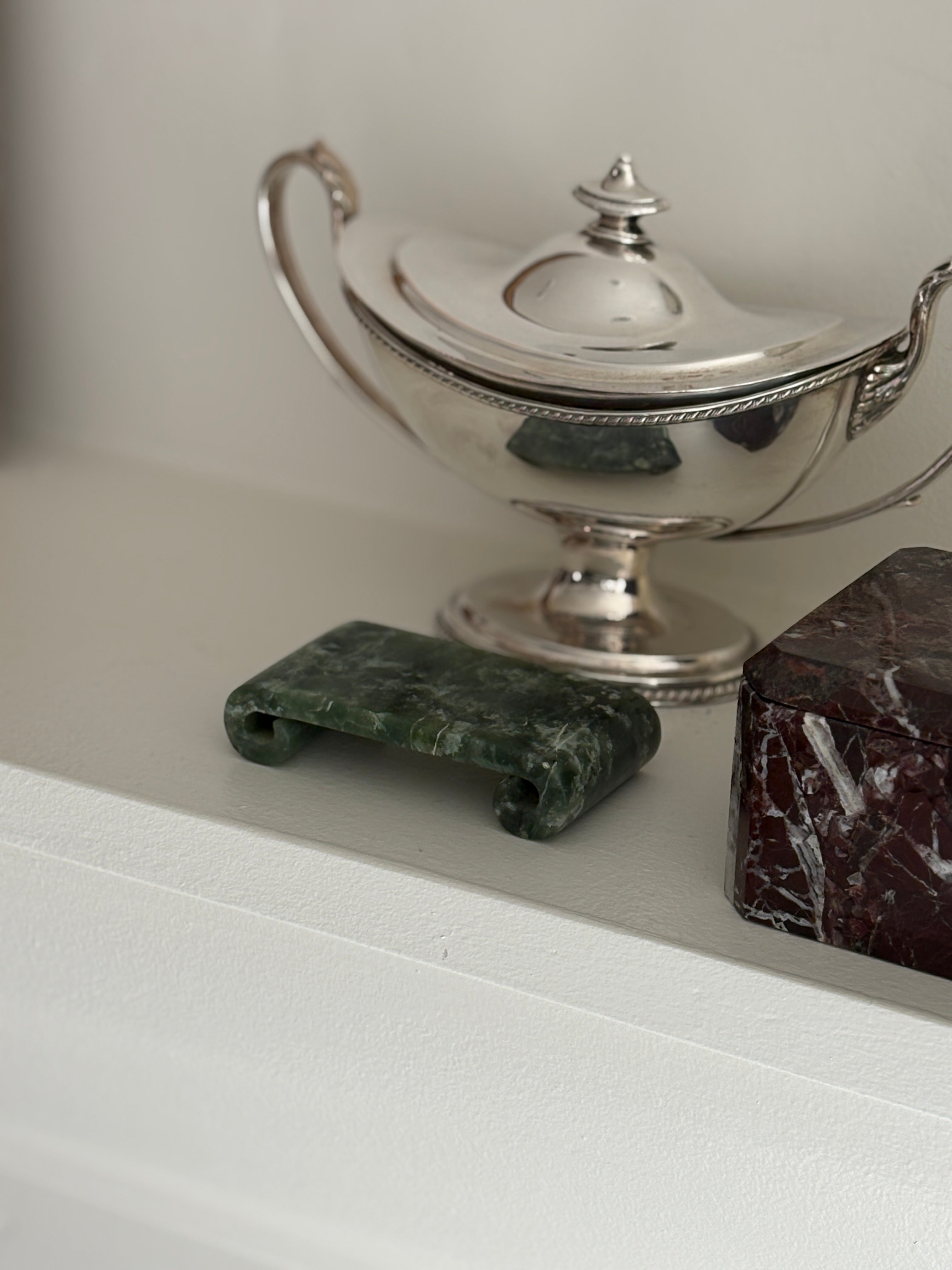 Chinese Jade Stone Pedestal Stand with Scroll Details | Collectors Gene