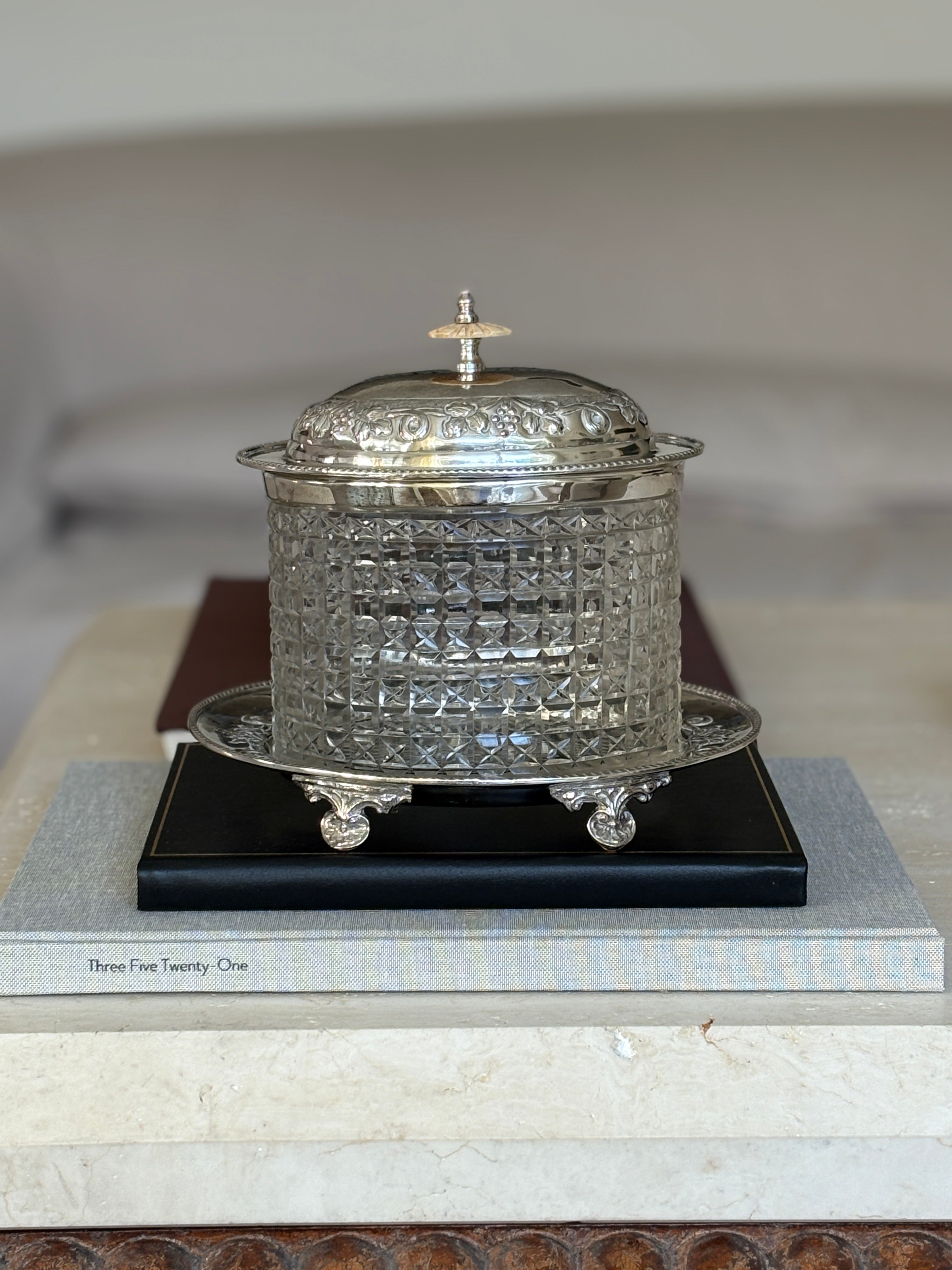 Edwardian Cut Glass & Silver Plated Biscuit Barrel Box on Stand – c. 1900 | Collectors Gene