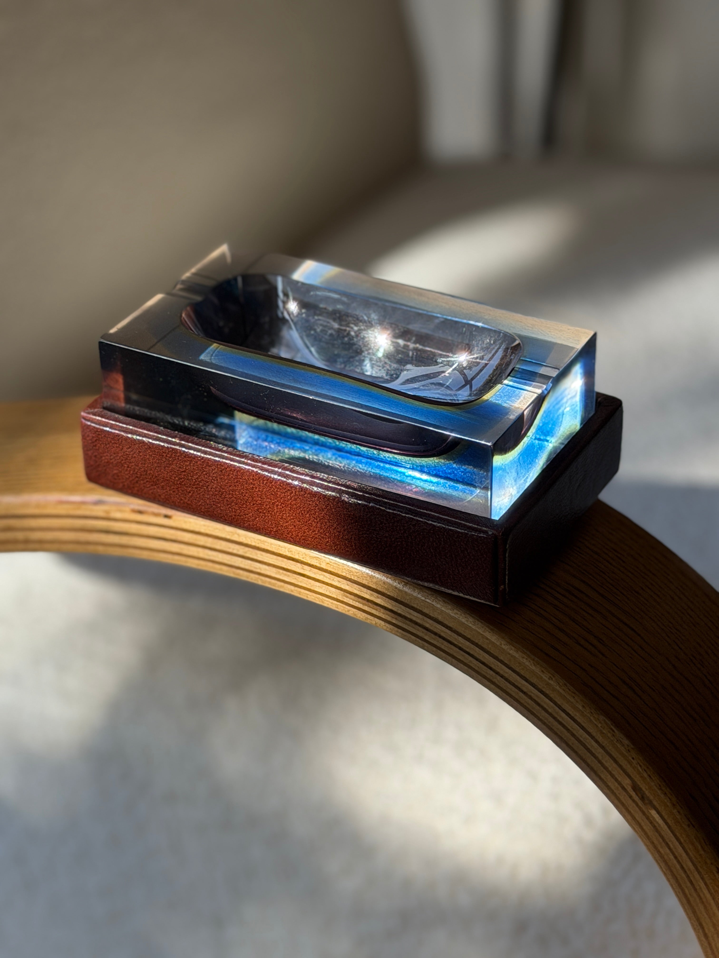 Vintage Flavio Poli for Seguso Bloc blue sommerso glass and leather base ashtray catchall dish from Collectors Gene