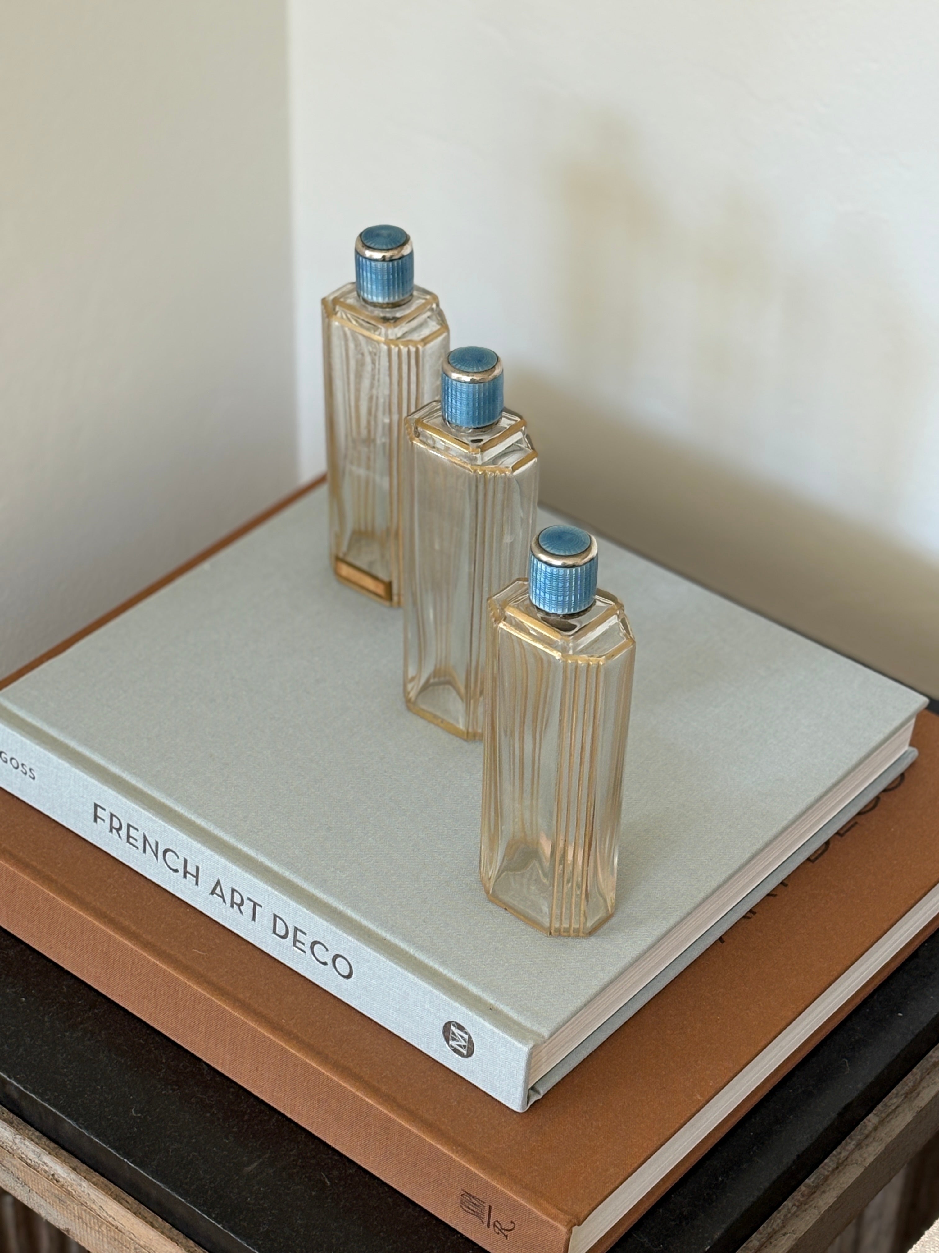 French Art Deco Enamel & Silver Glass Vanity Bottle Set | Collectors Gene