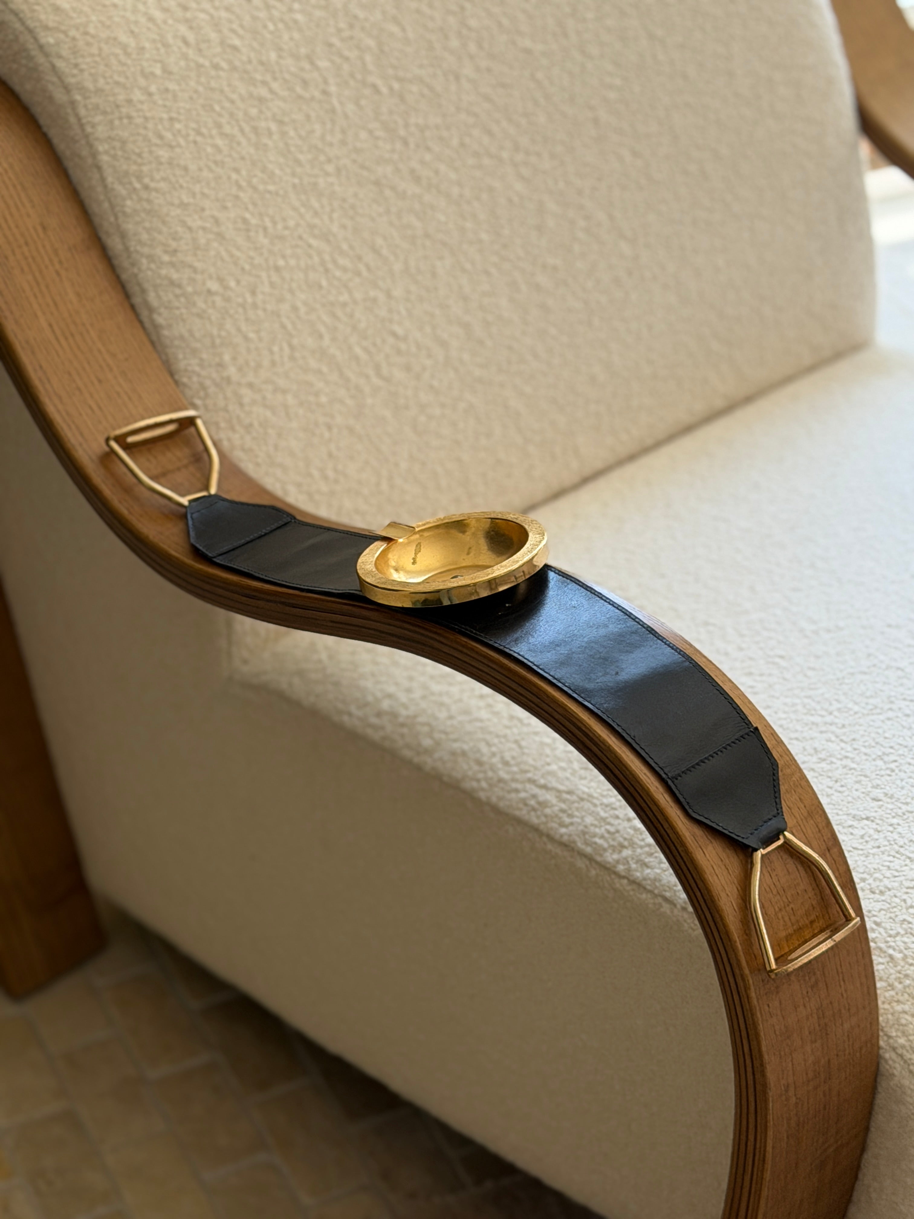 French Gilt Metal Leather Armrest Ashtray with Stirrups | Collectors Gene