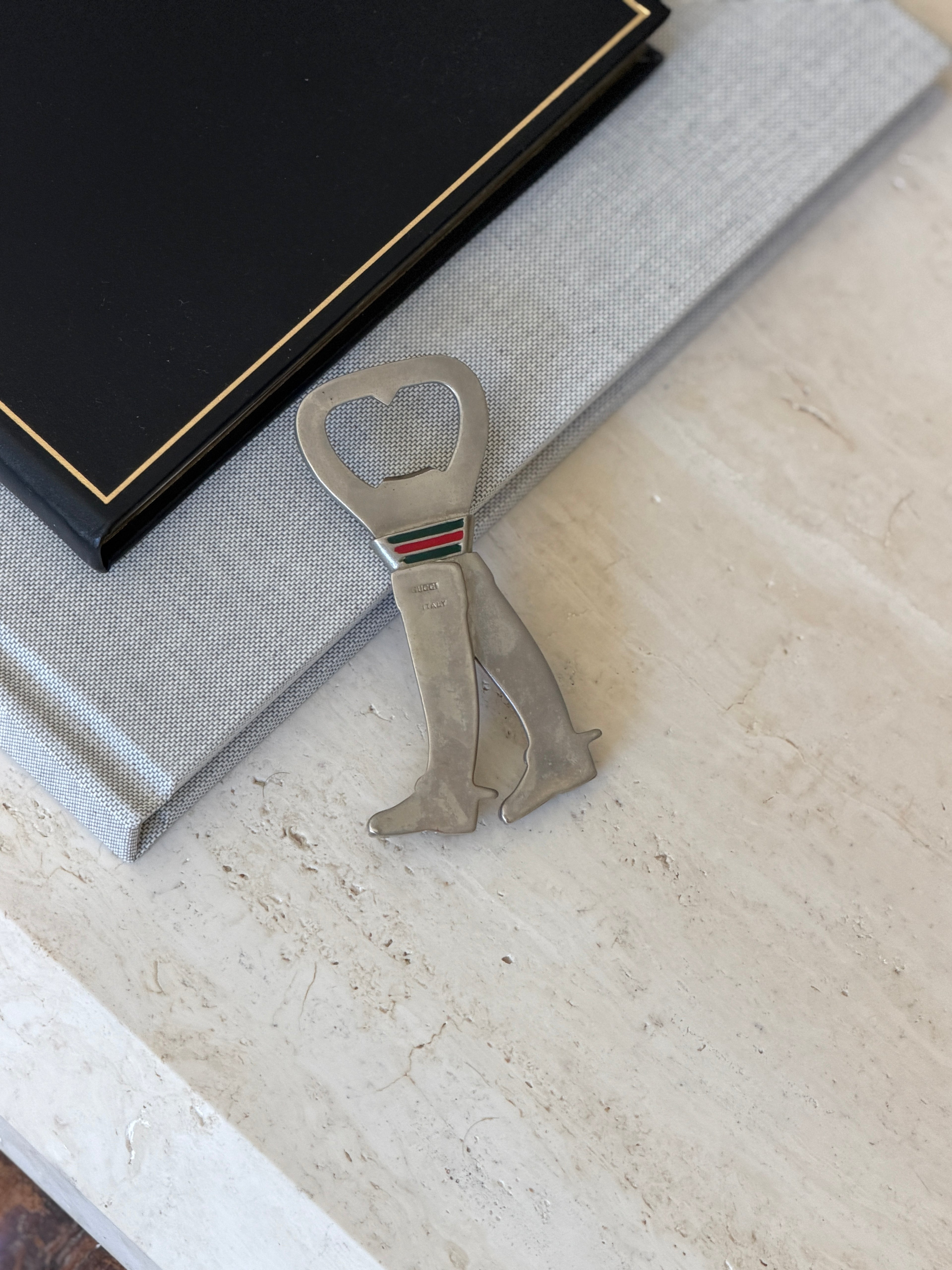 Gucci Italy Silver & Enamel Riding Boots Bottle Opener - c.1970