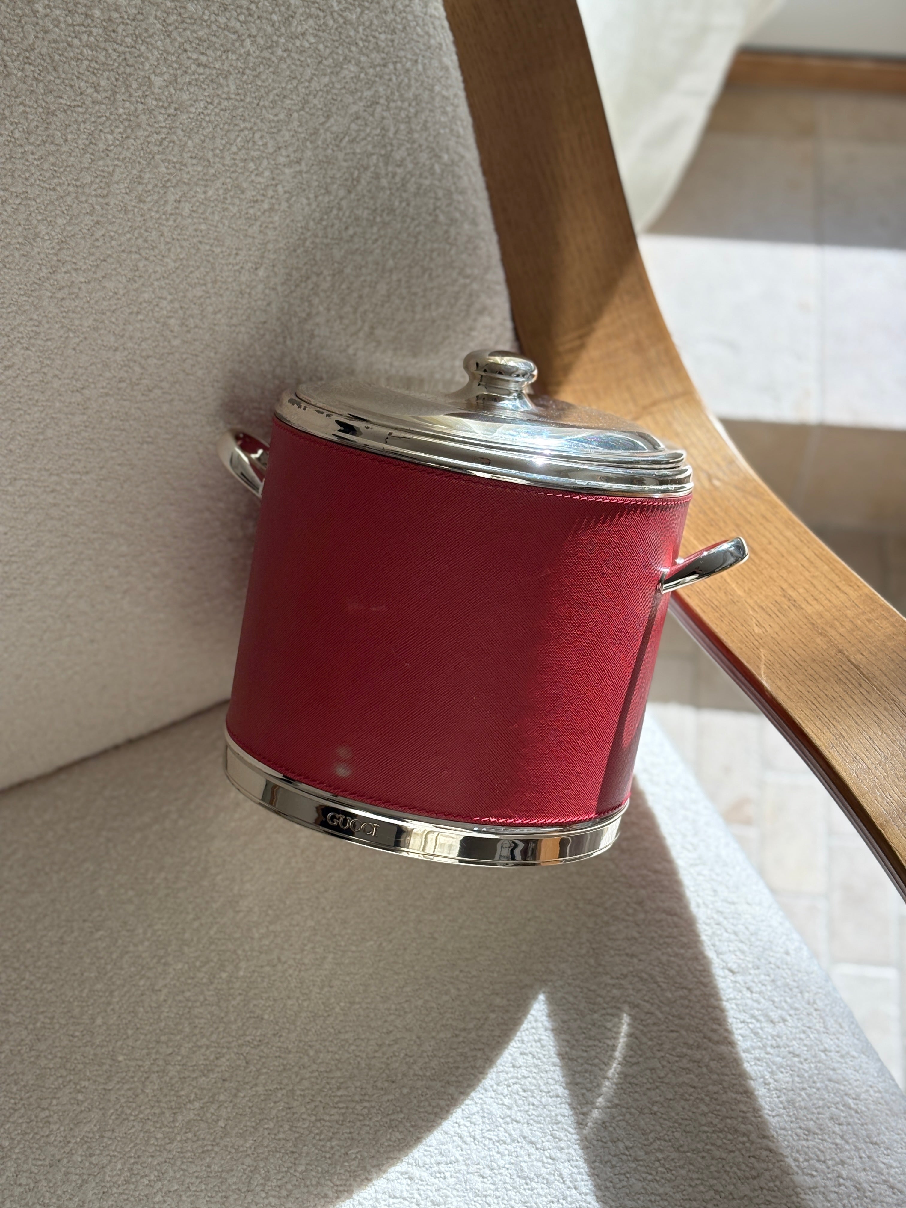 Gucci Silver Plated & Saffiano Leather Champagne Ice Bucket - Made in Italy | Collectors Gene