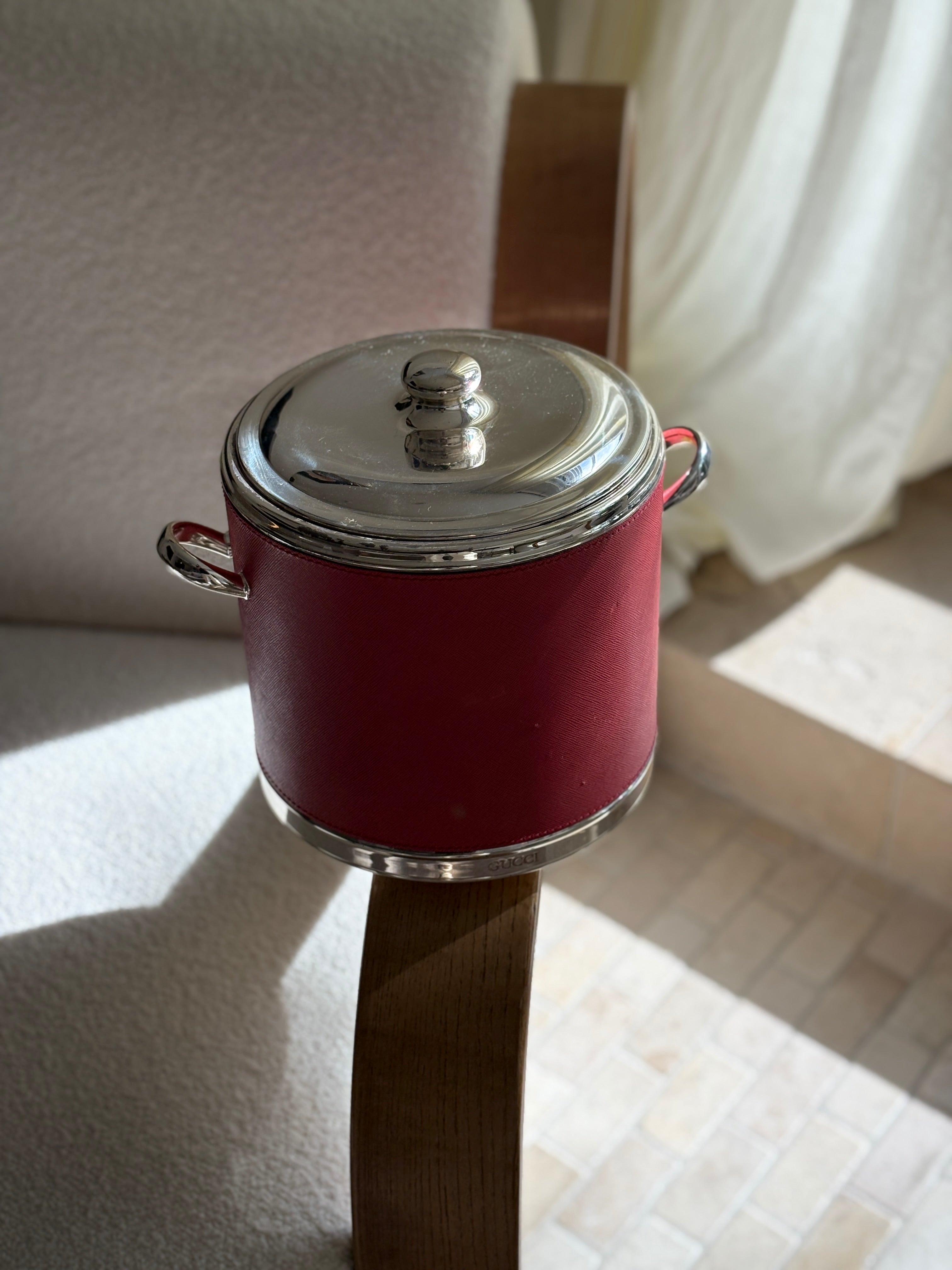 Gucci Silver Plated & Saffiano Leather Champagne Ice Bucket - Made in Italy | Collectors Gene