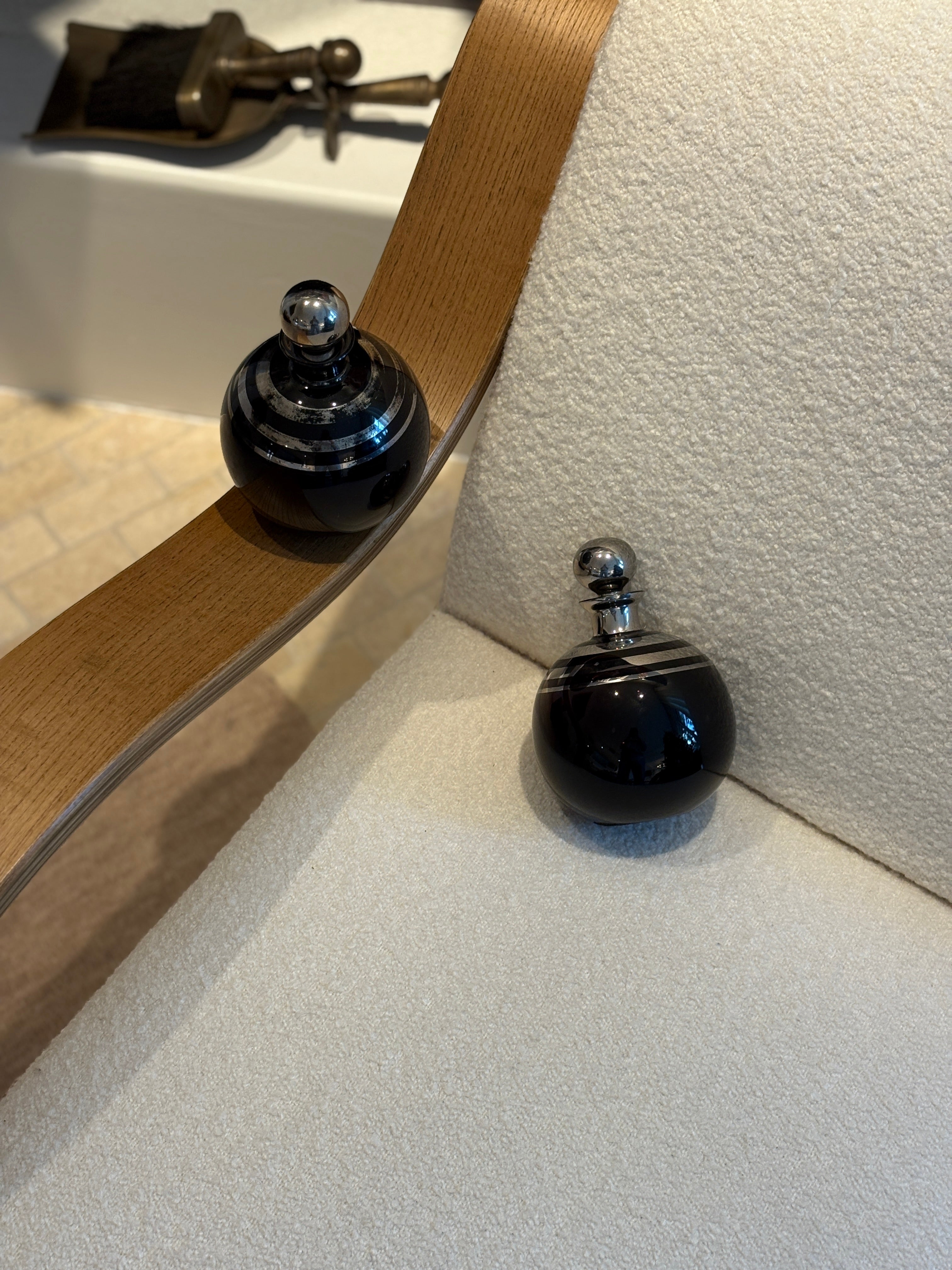 Italian Art Deco Black Opaline Vanity Bottle with Chrome Stripes | Collectors Gene