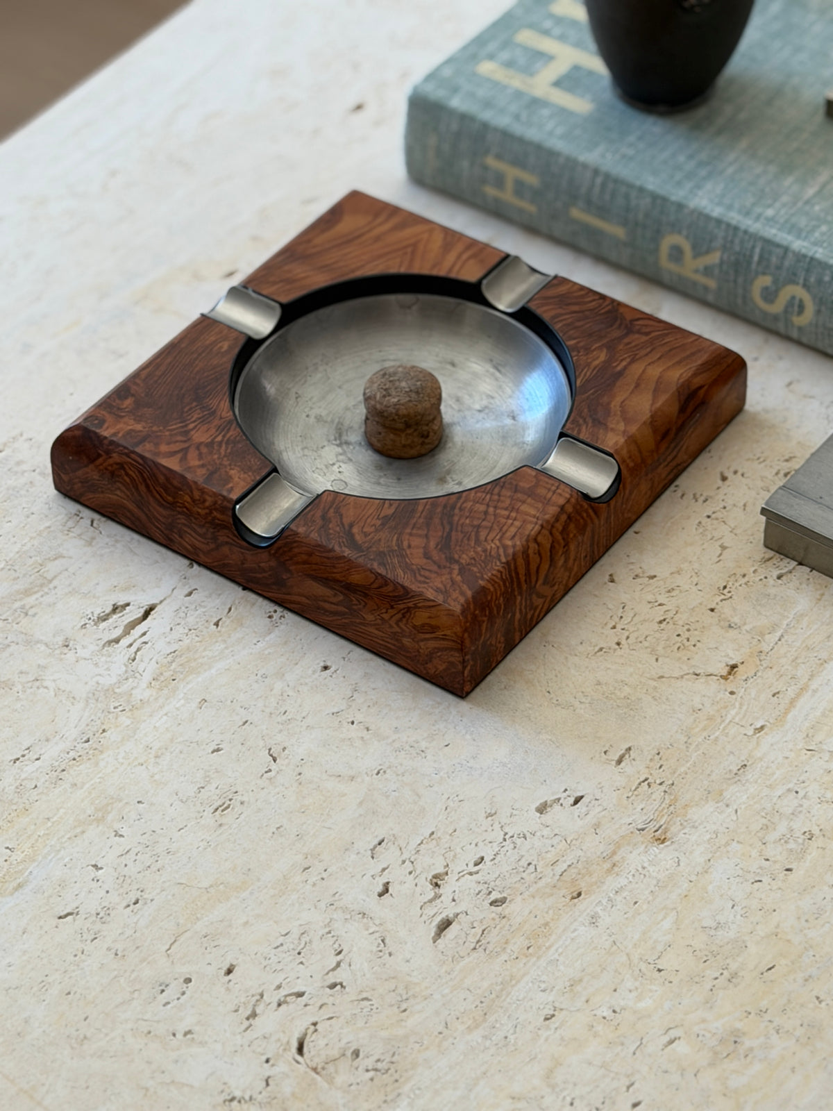 Side perspective view showing rich natural grain on Italian burl walnut desk tray available at Collectors Gene