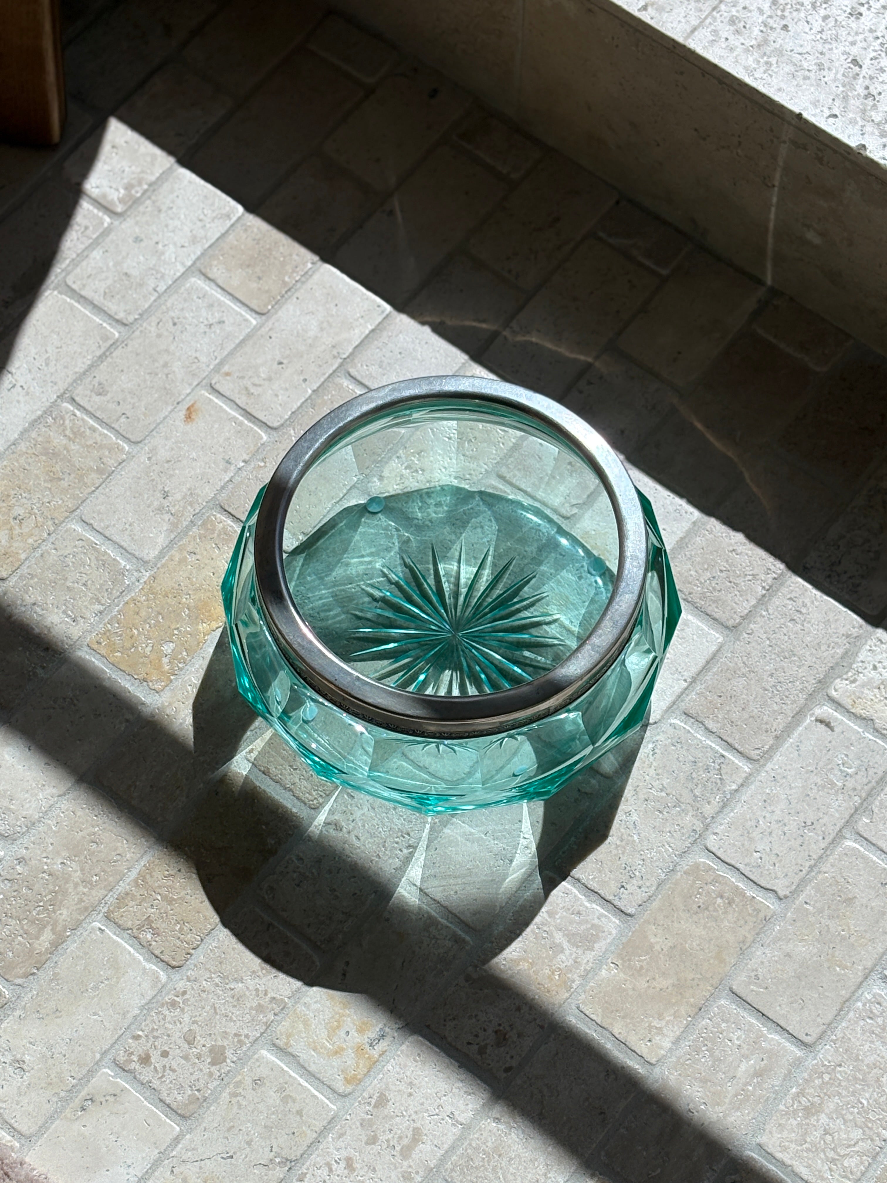 Italian Green Faceted Glass Bowl with Silver-Plated Rim - Italy 20th Century | Collectors Gene