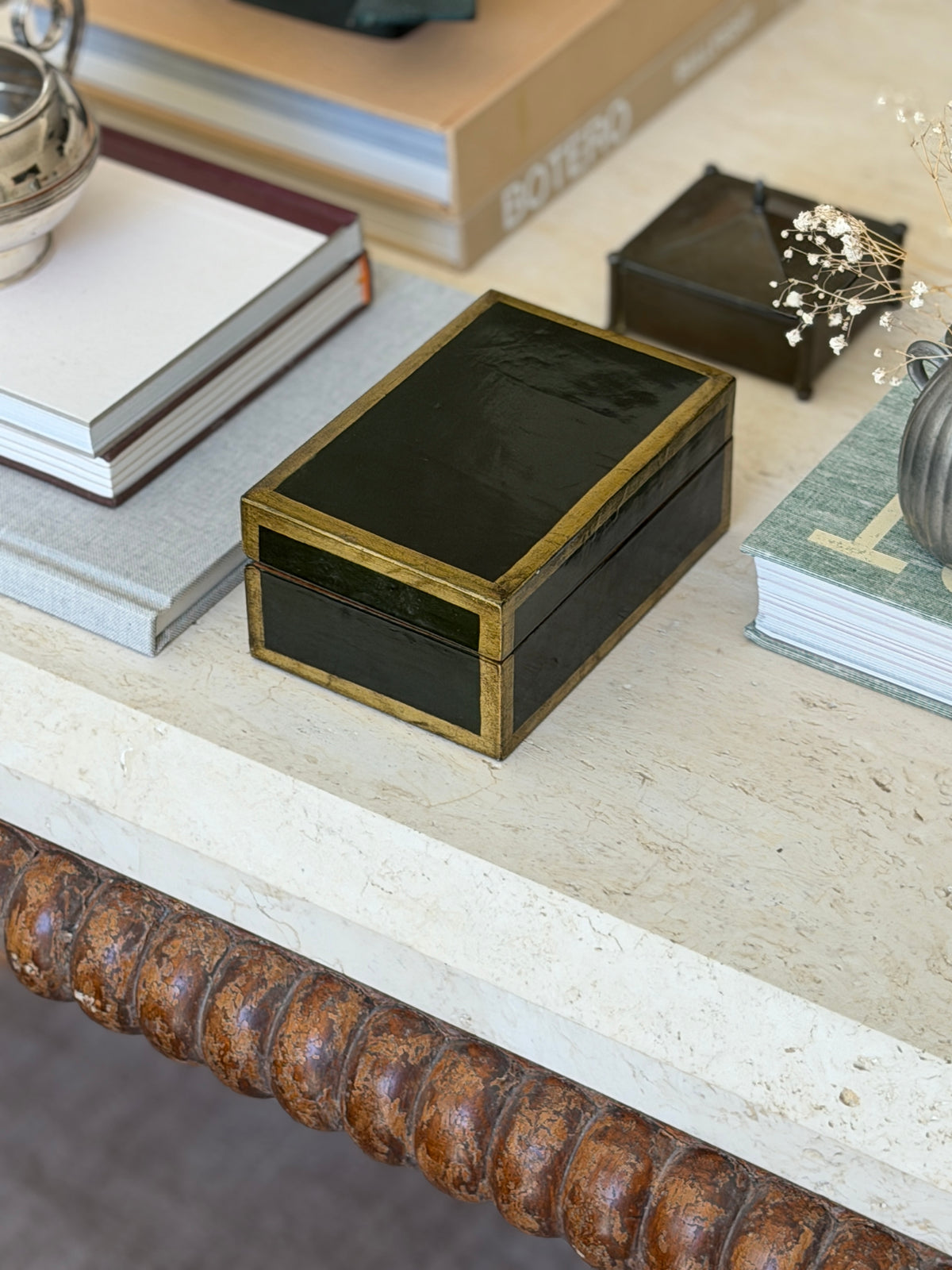 High angle view of closed dark green lacquer rectangular decorative box available at Collectors Gene