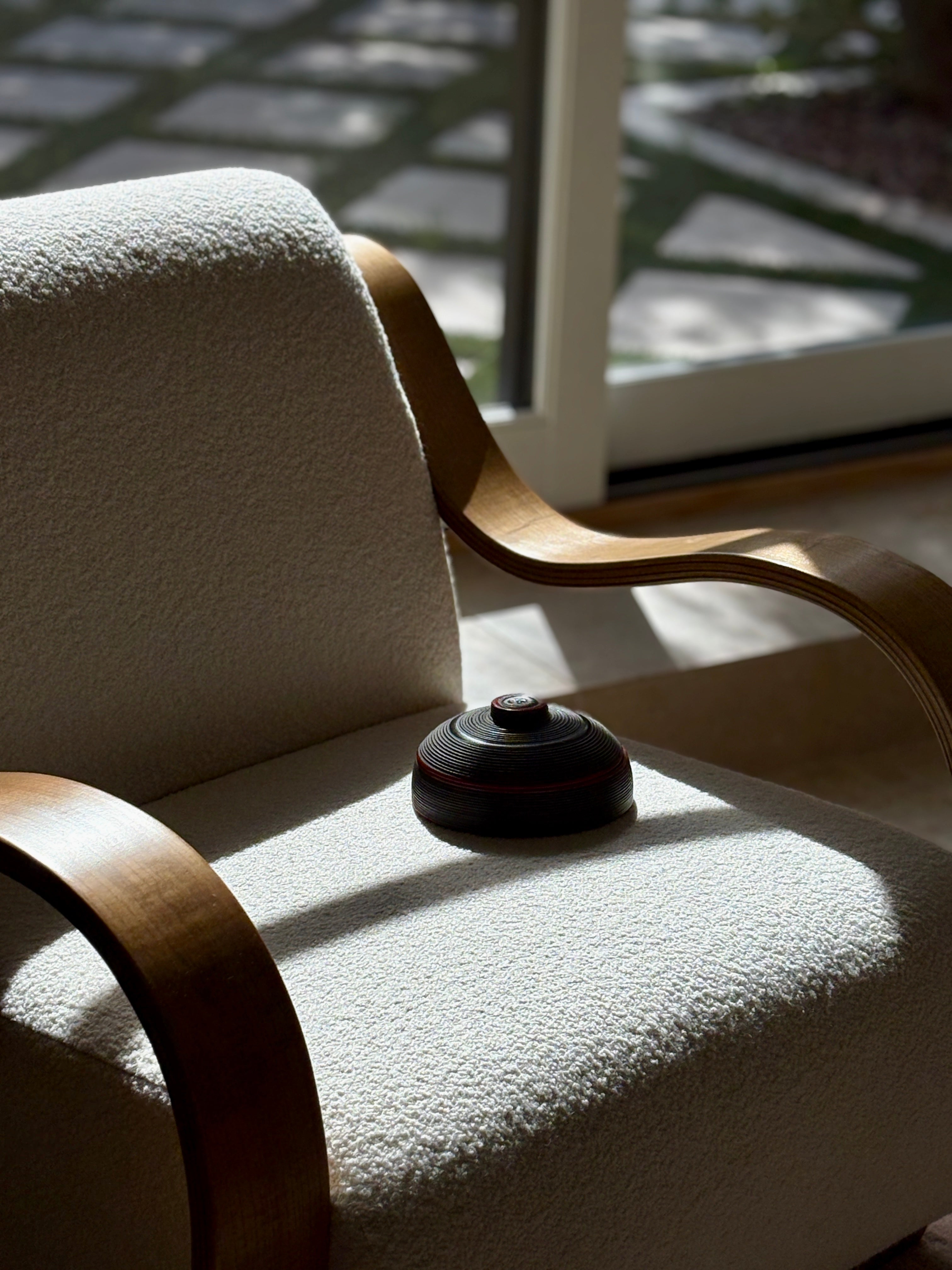Japanese Lacquered Wood Ribbed Round Box with Red Detail | Collectors Gene