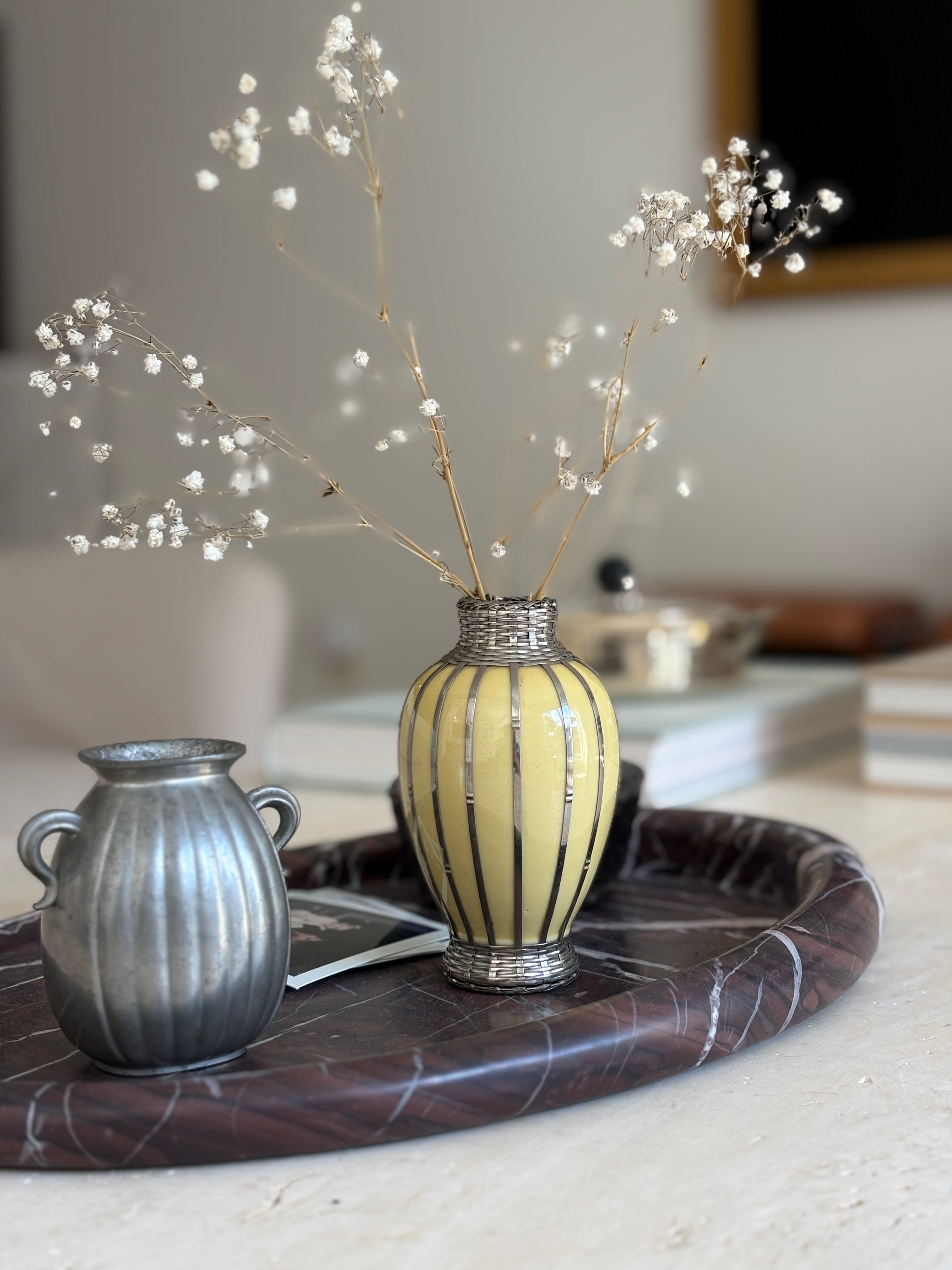 Japanese Yellow Vase with Silver Basket Weave Overlay - Meiji Period | Collectors Gene