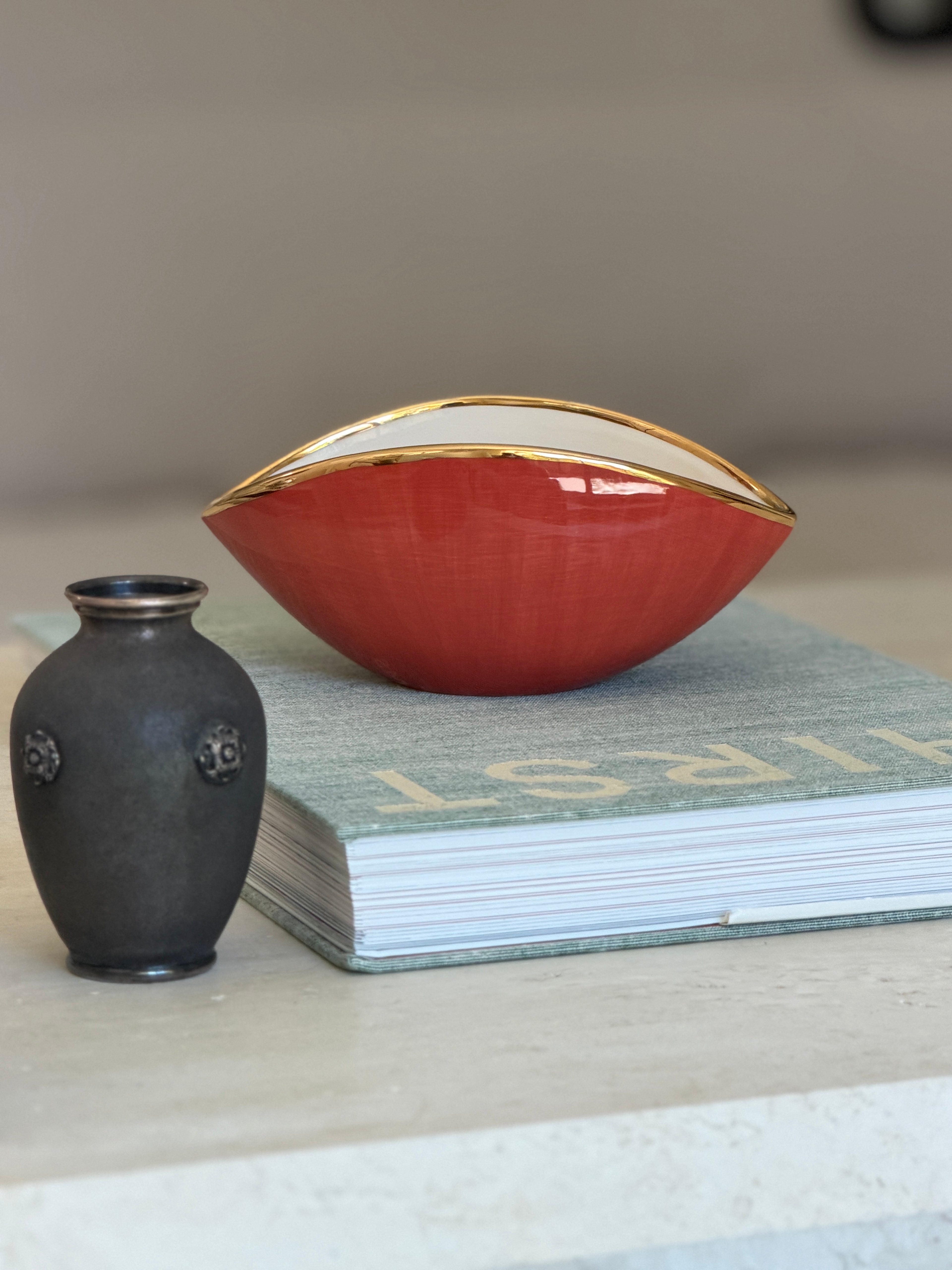 L Objet Oval Bowl in White Porcelain with Orange Glaze 24kt Gold Trim | Collectors Gene