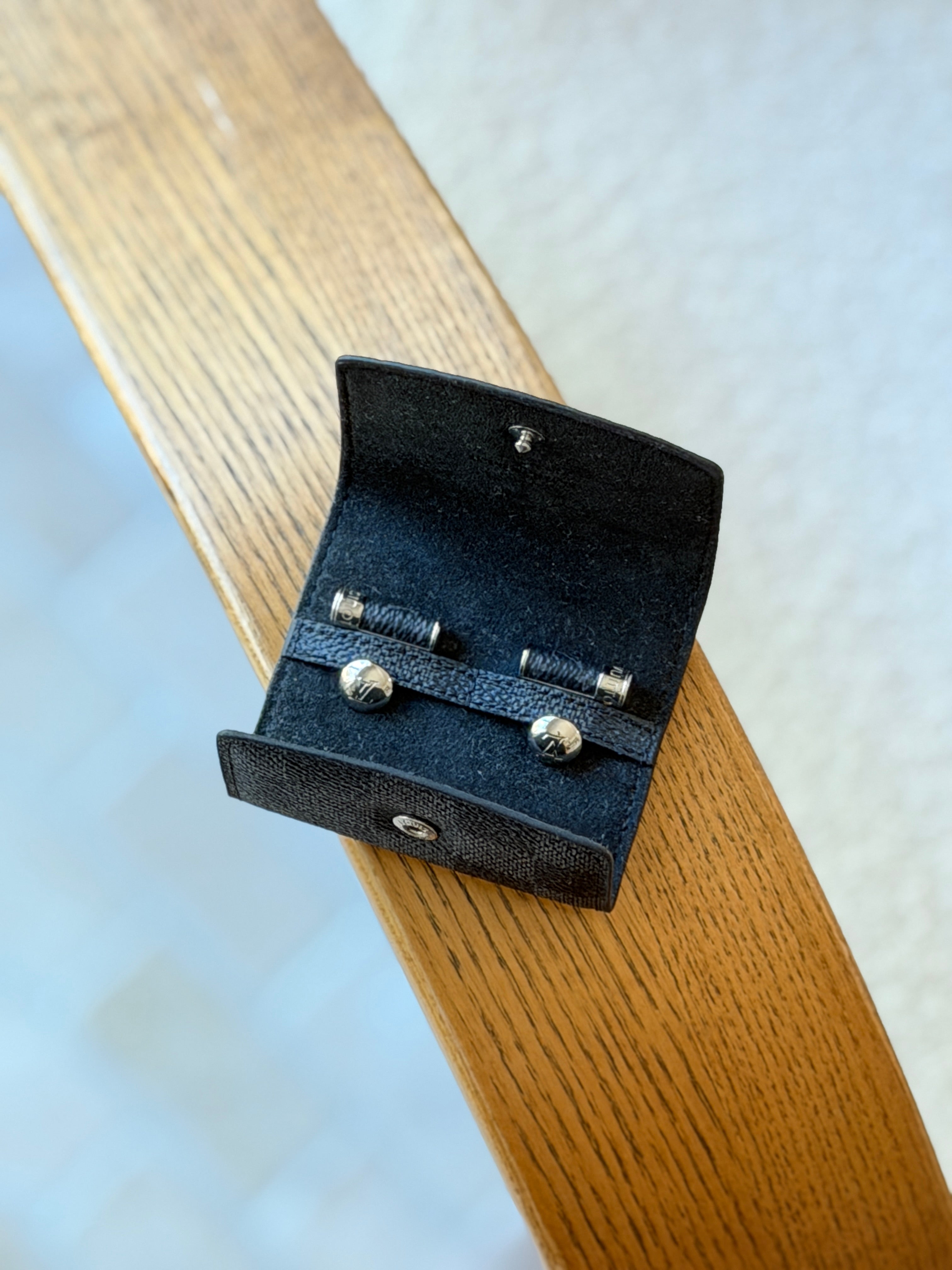 Louis Vuitton Black Monogram Leather Cufflinks with Damier Case