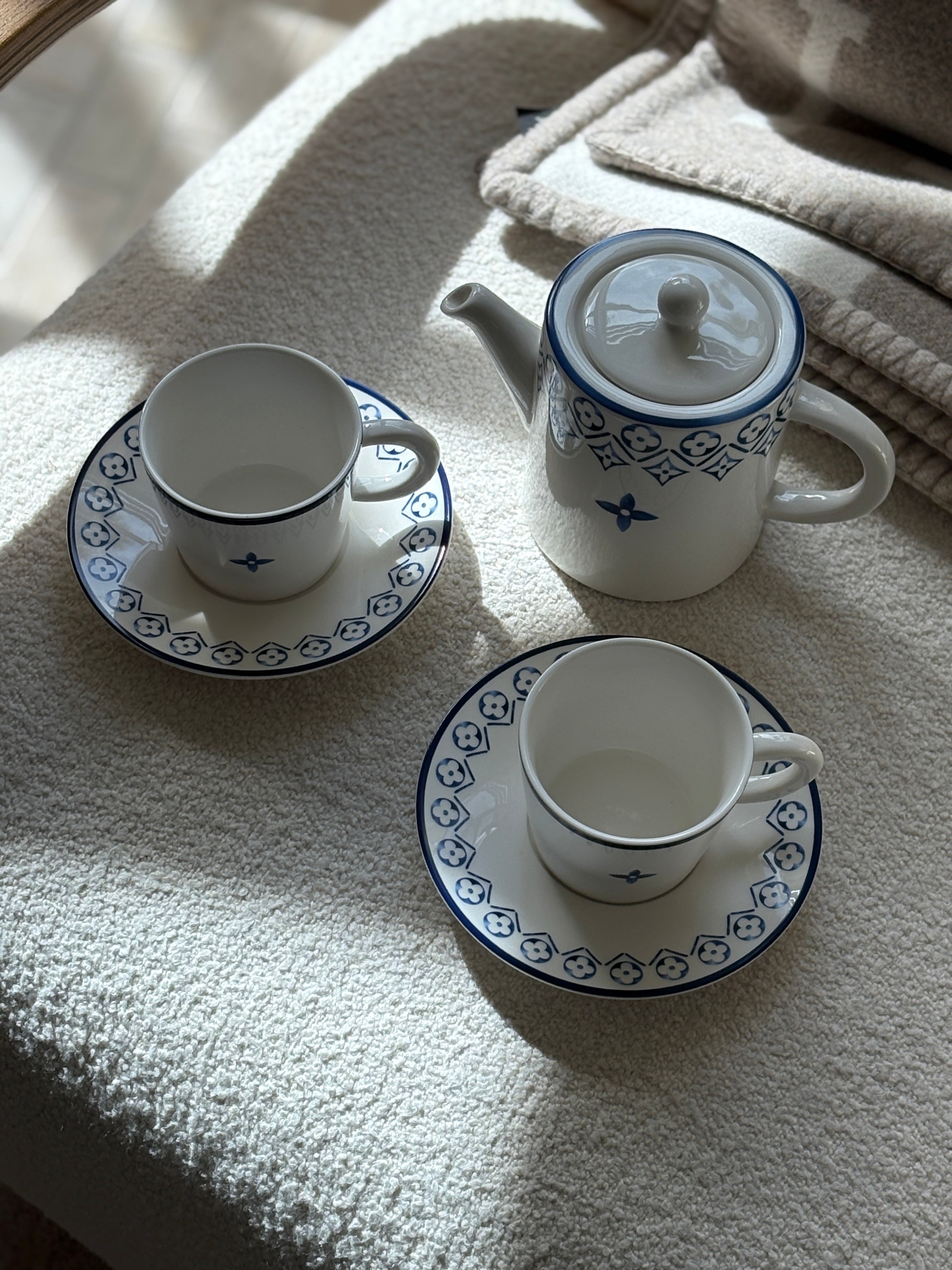 Louis Vuitton Porcelain Limoges Tea Set with Blue Monogram Detail