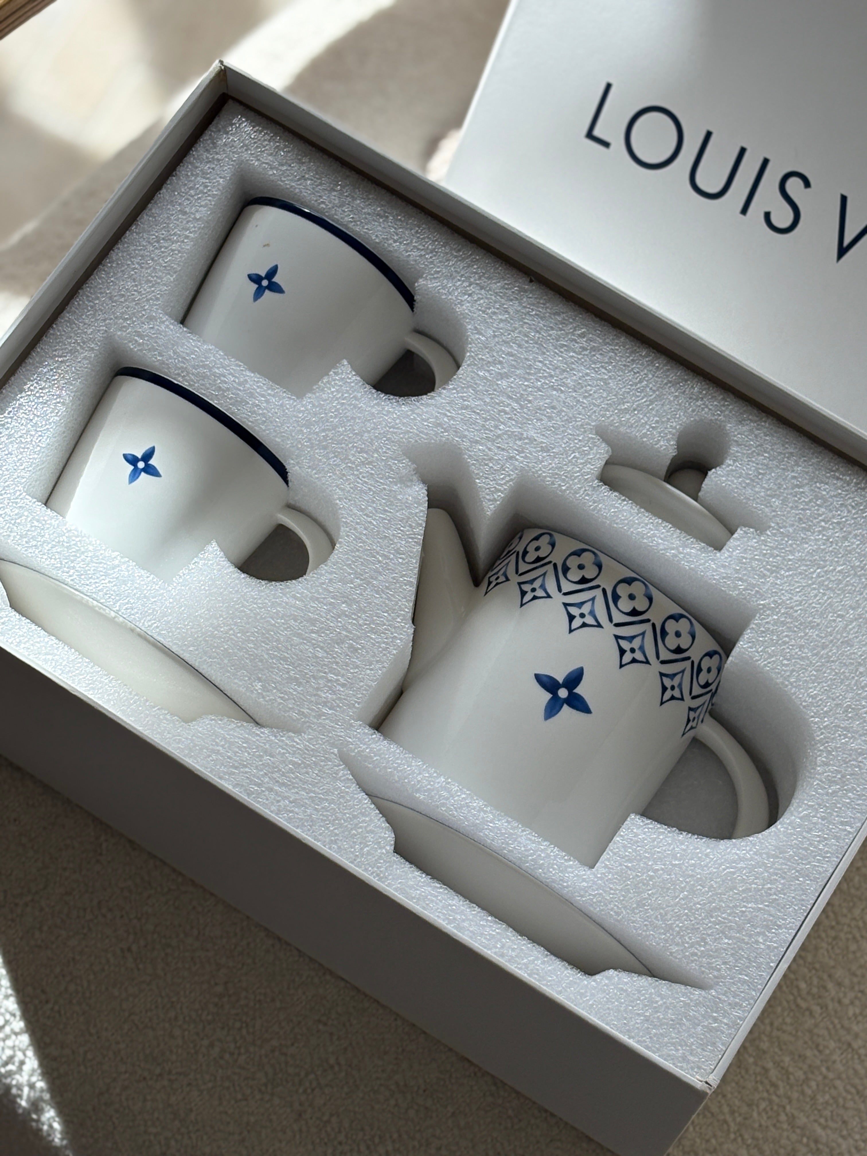 Louis Vuitton Porcelain Limoges Tea Set with Blue Monogram Detail