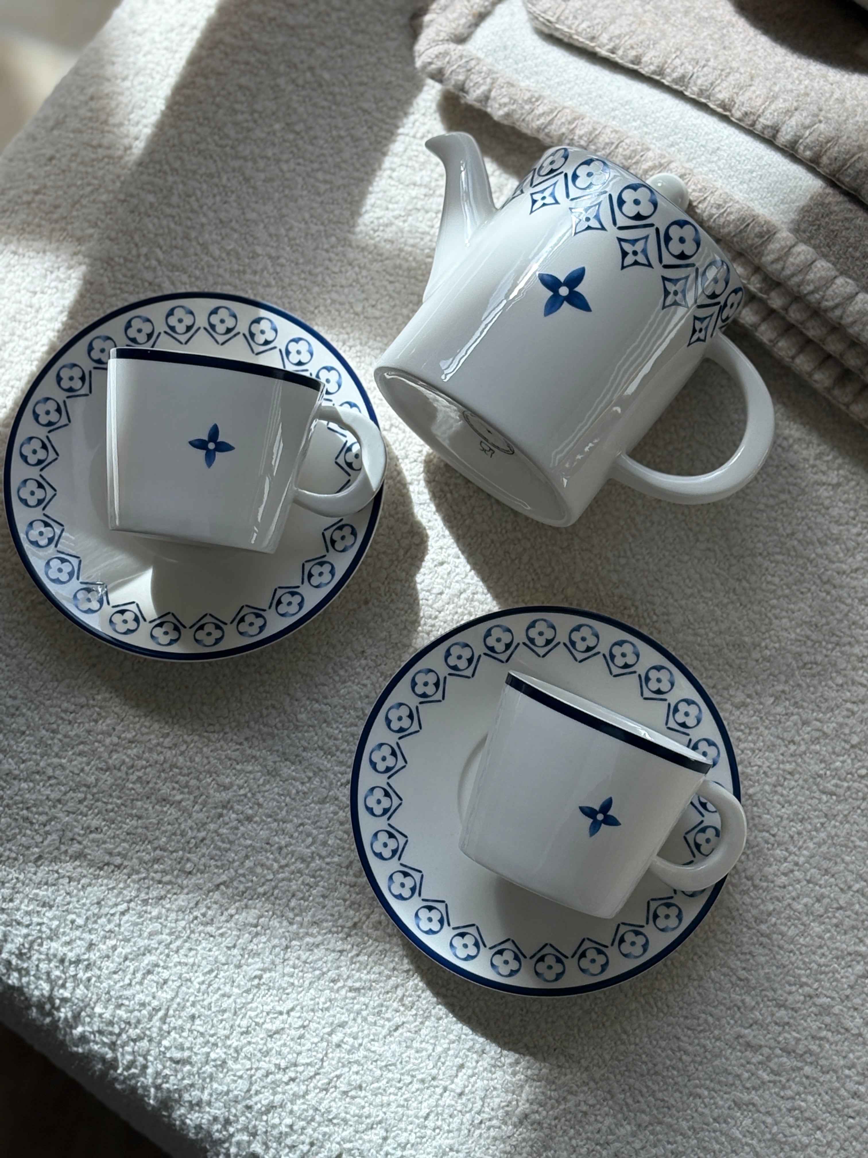 Louis Vuitton Porcelain Limoges Tea Set with Blue Monogram Detail
