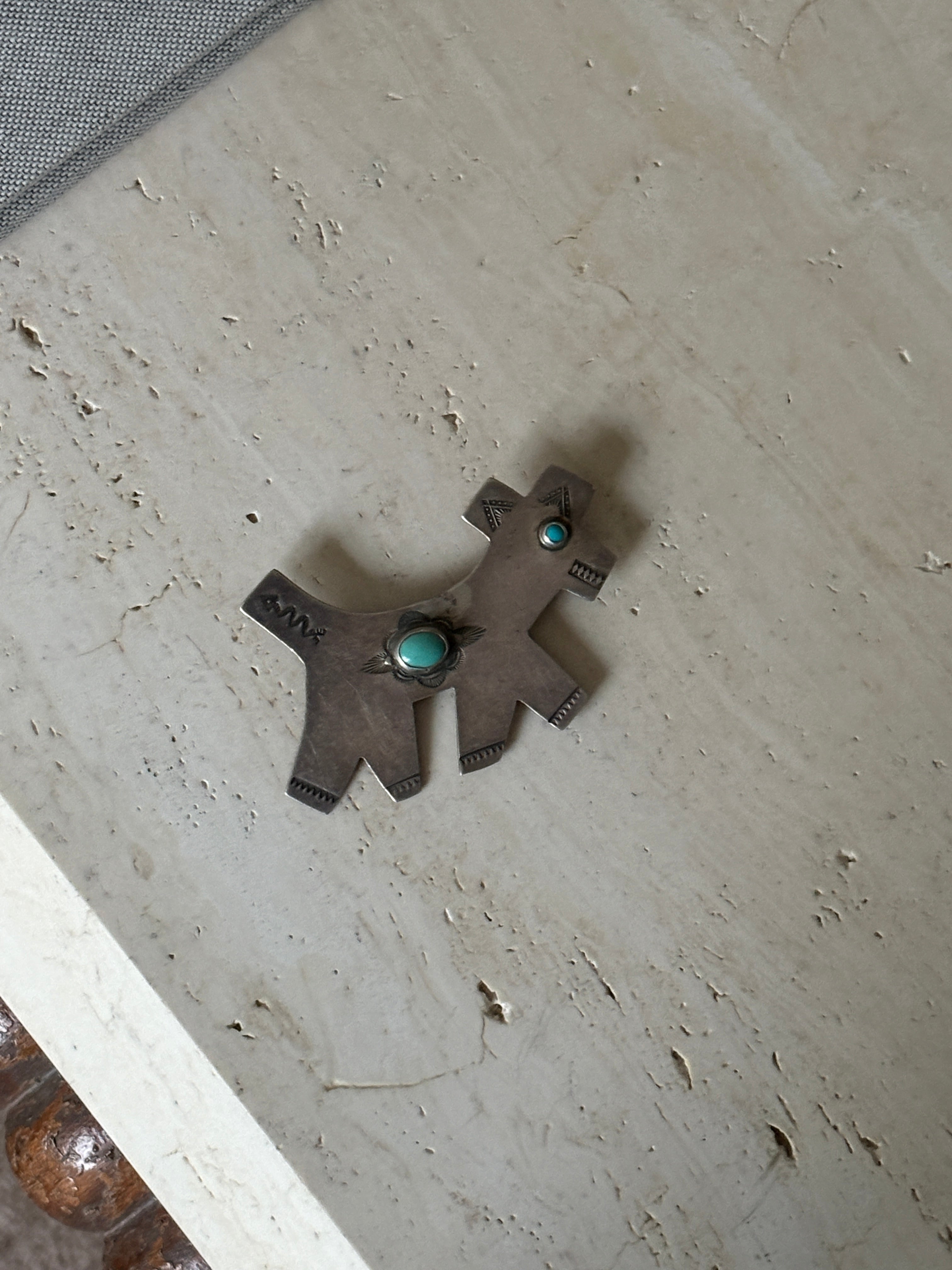 Native American Sterling Silver Dog Pin with Turquoise - c. 1930 | Collectors Gene