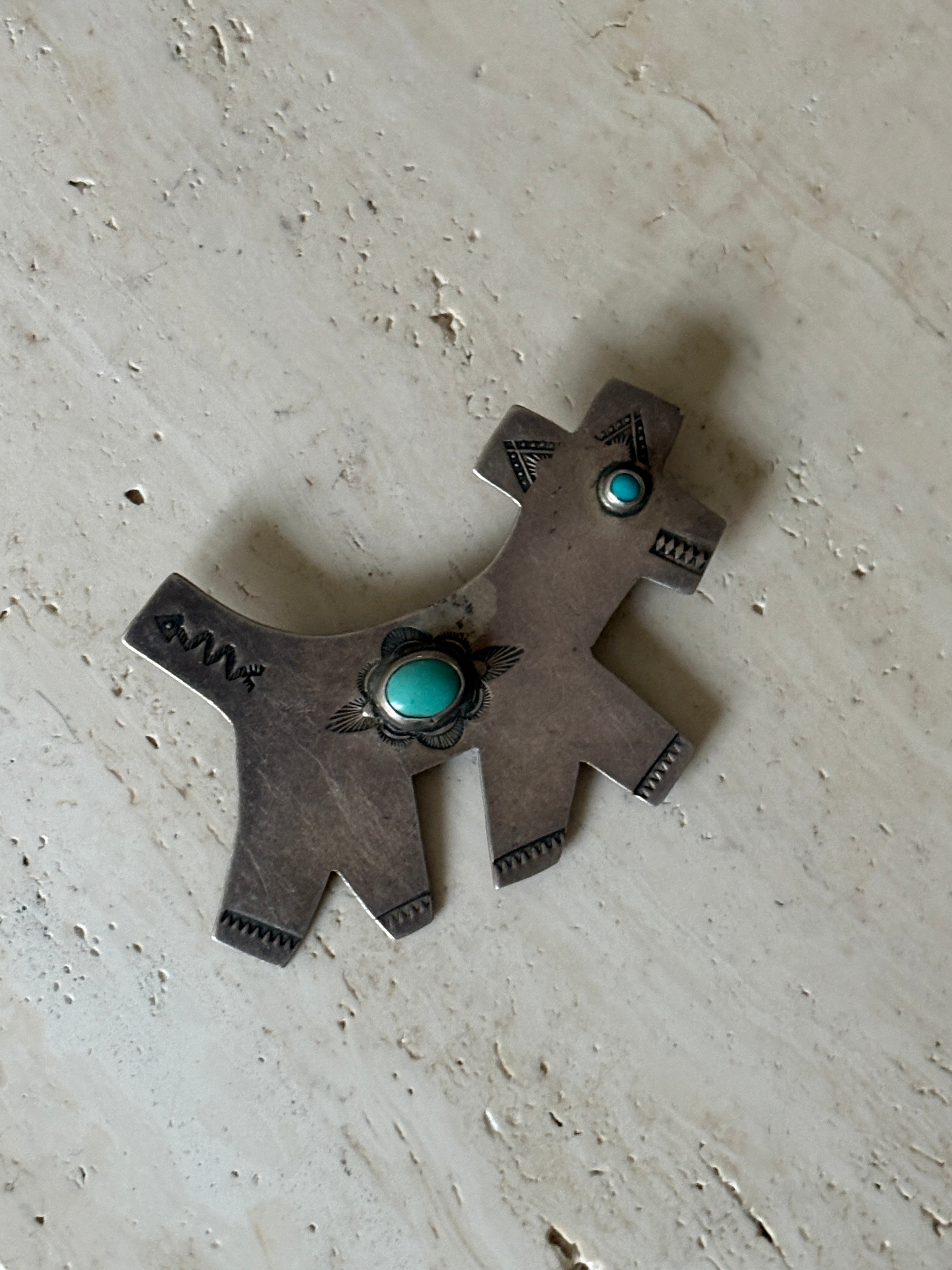 Native American Sterling Silver Dog Pin with Turquoise - c. 1930 | Collectors Gene