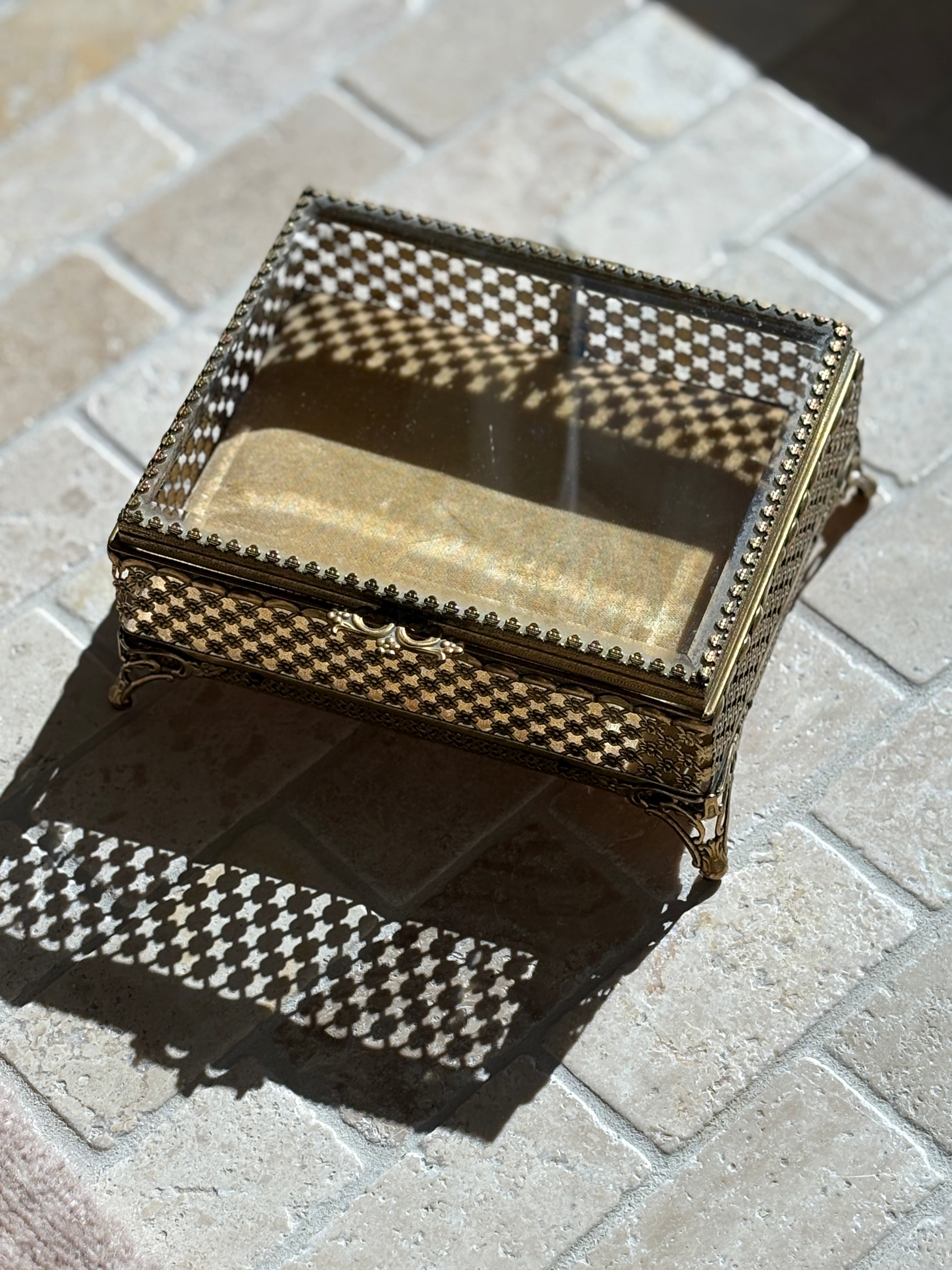 Ornate Gilt Brass Jewelry Casket Box with Glass Lid | Collectors Gene