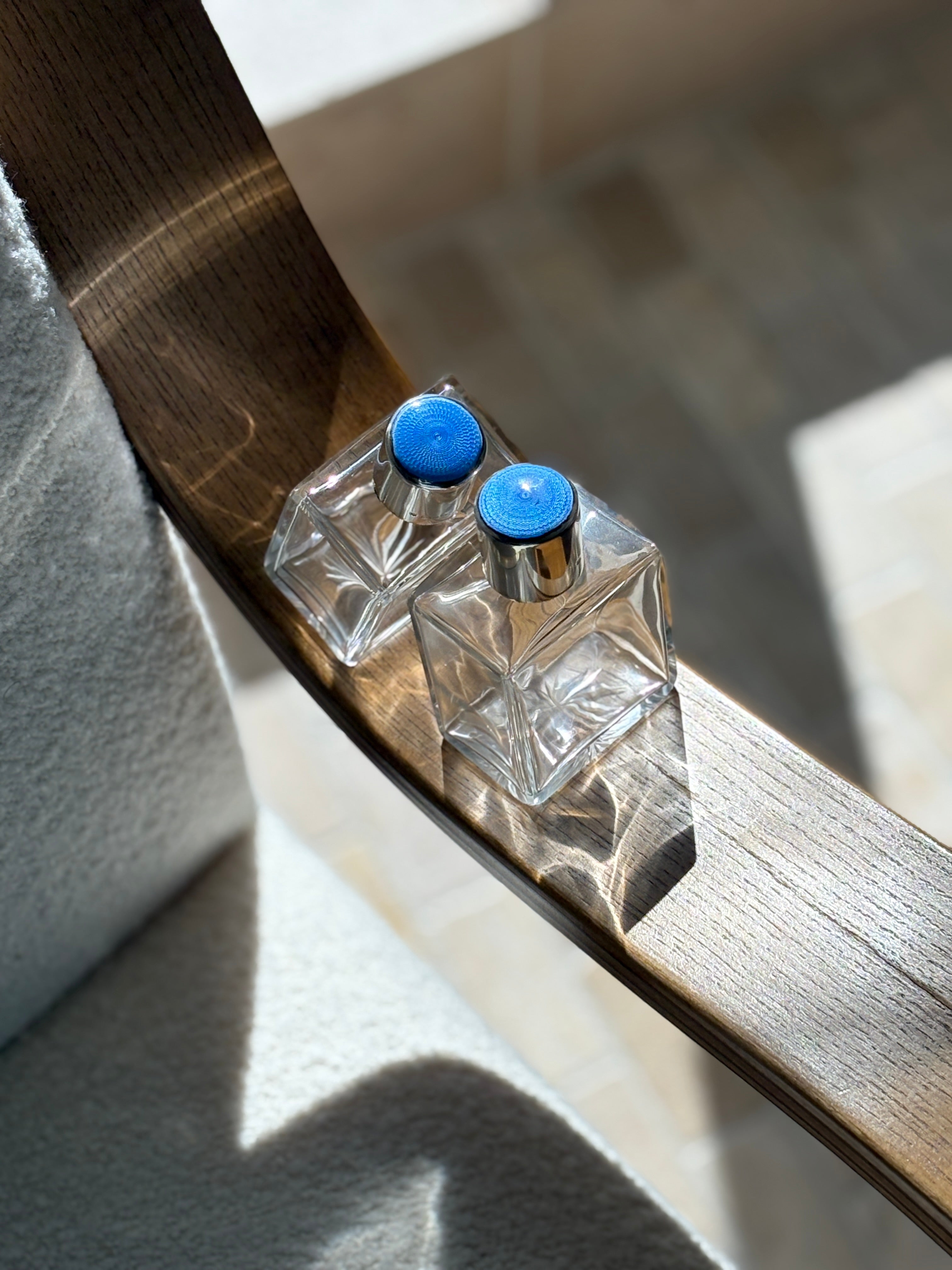 Pair of Antique Sterling Silver & Blue Guilloché Enamel Perfume Bottles – Birmingham, 1931 | Collectors Gene