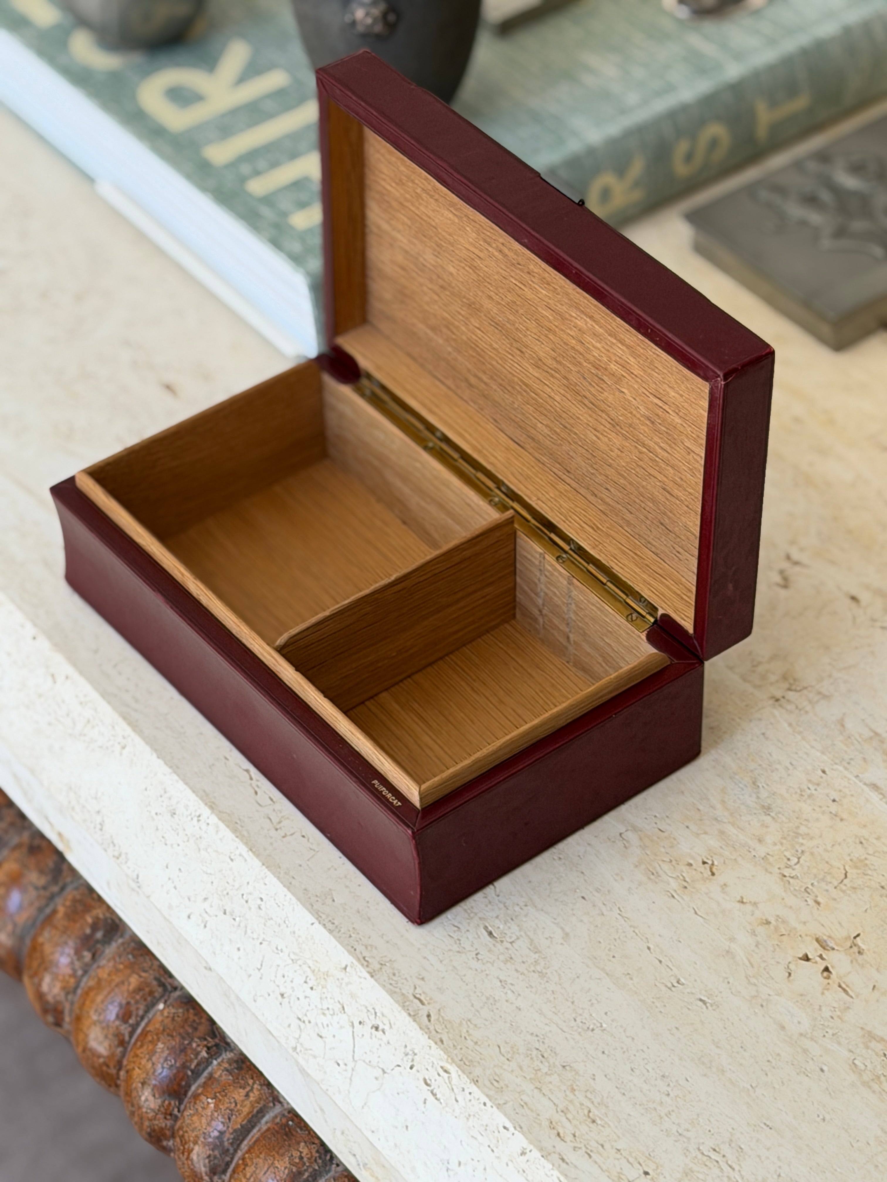 Collectors Gene open French Art Deco oxblood leather cigarette box showing two-section wood lined storage space