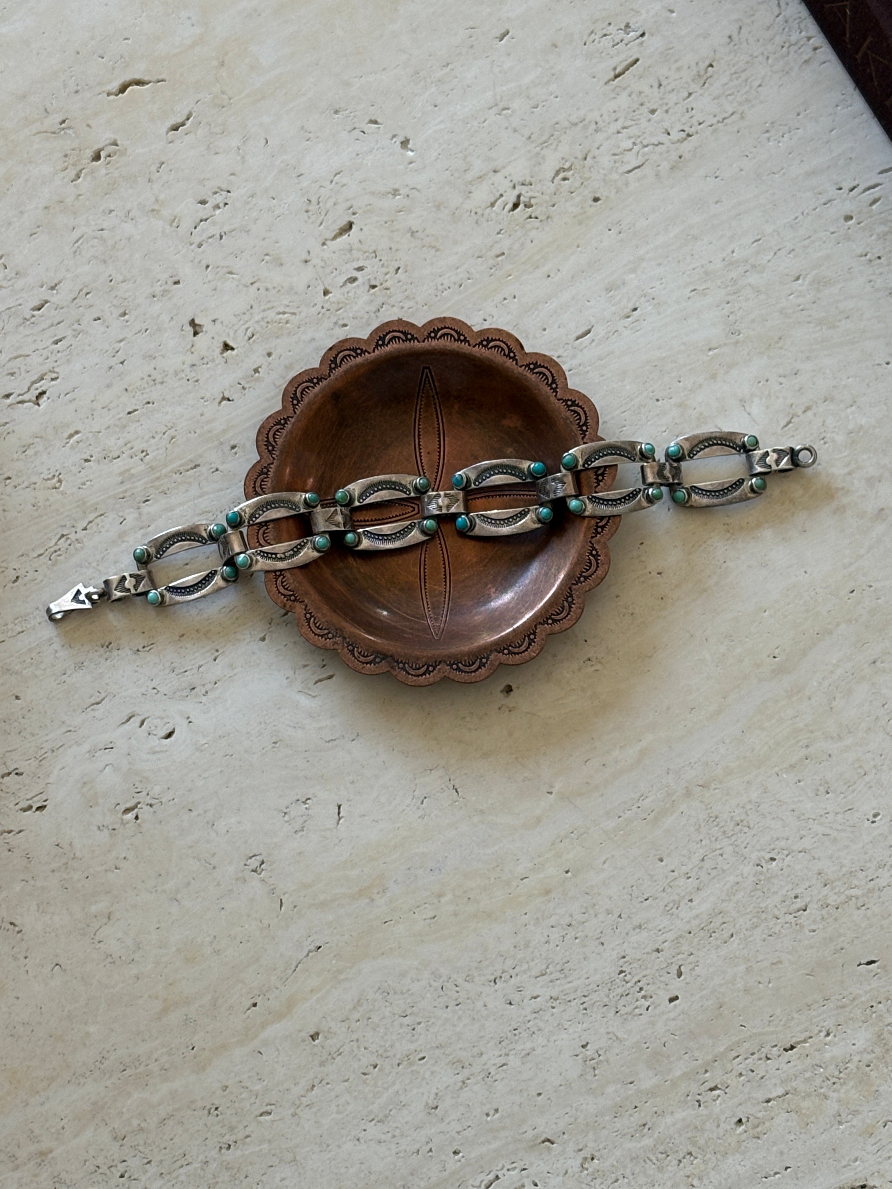 Turquoise and Sterling Silver Native American Stamped Link Bracelet | Collectors Gene