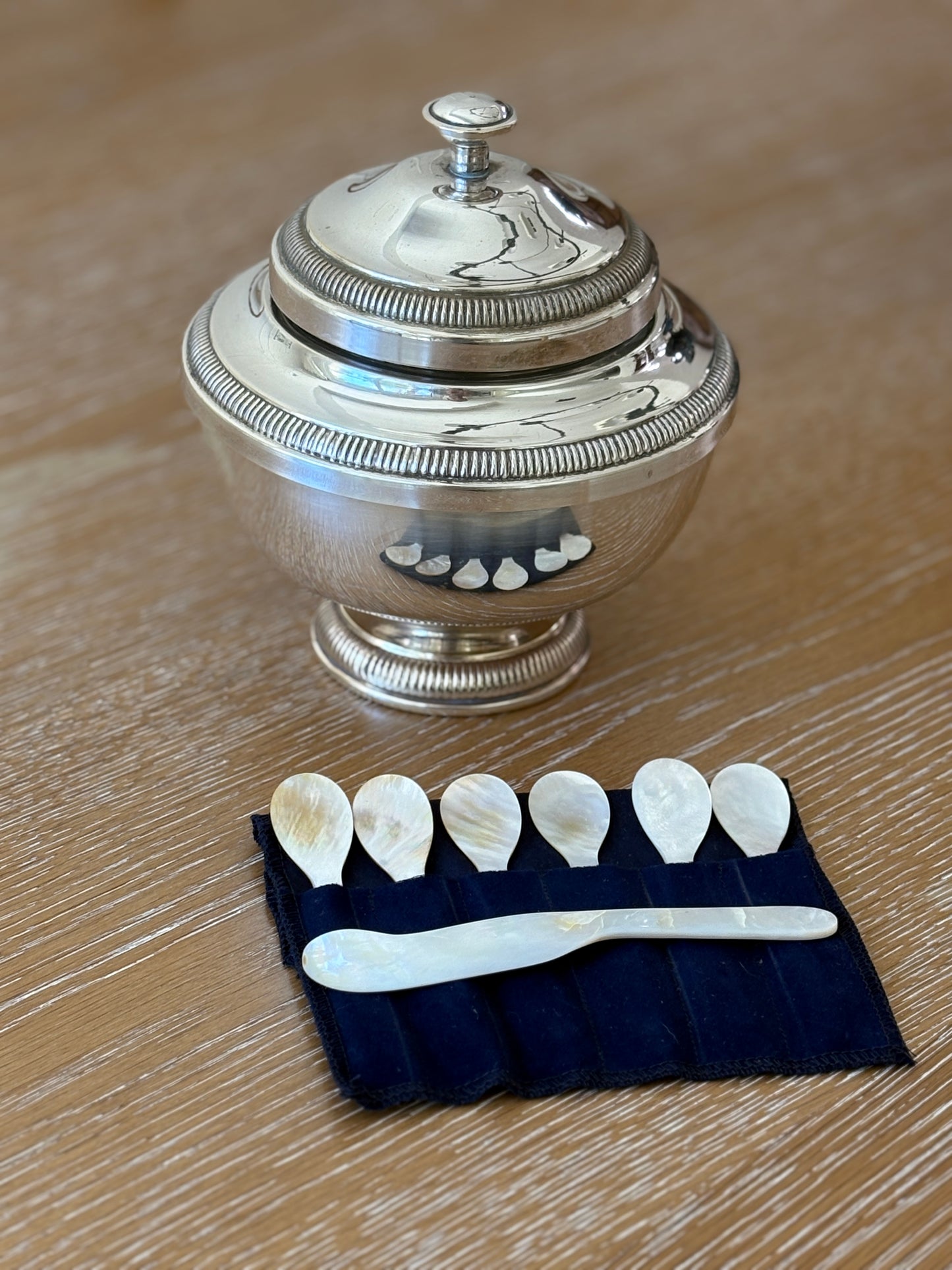Silver-Plated Caviar Dish Six Mother of Pearl Spoons | Collectors Gene Vintage Finds