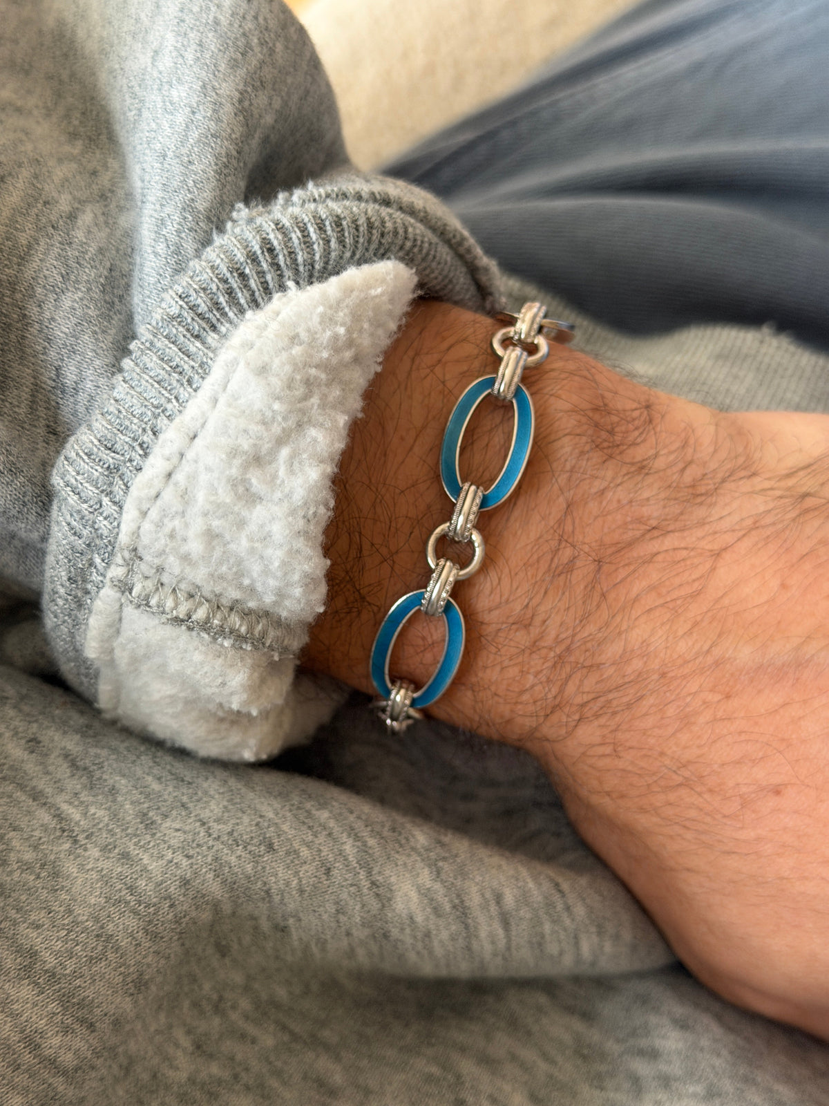 Vintage sterling silver bracelet with oval links accented in blue enamel