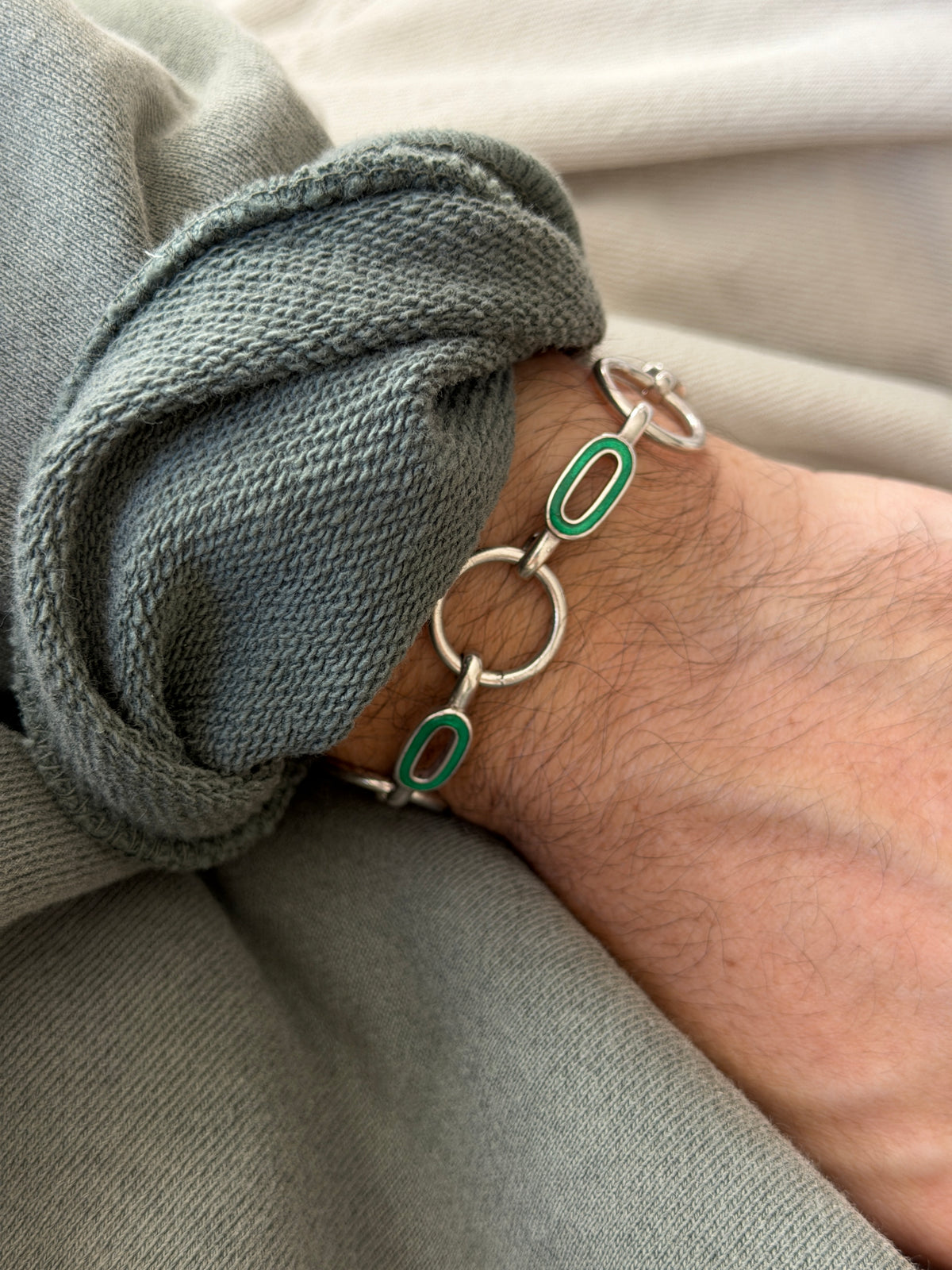 Vintage Sterling Silver Green Enamel Modernist Round Link Bracelet | Collectors Gene