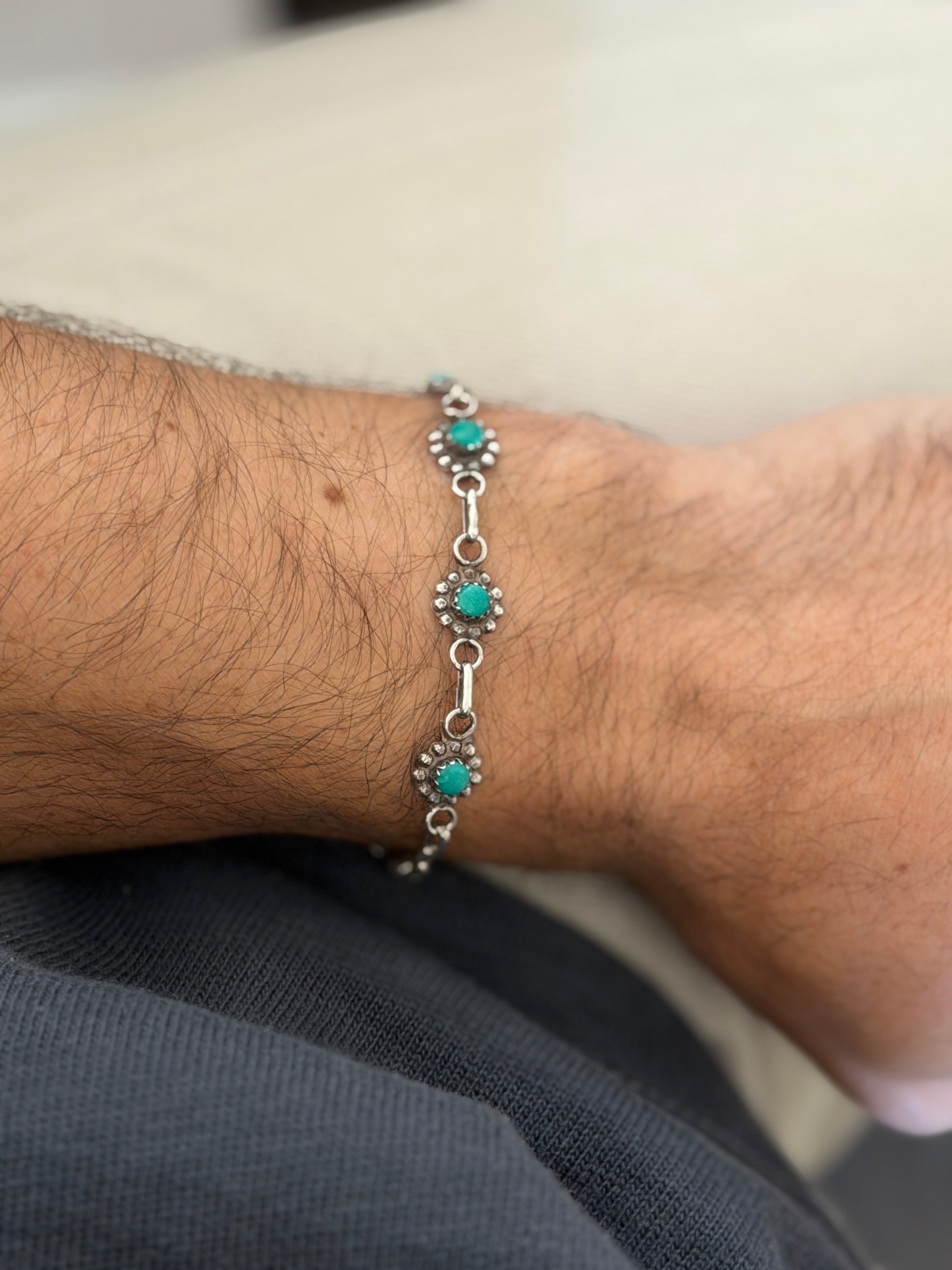 Vintage Sterling Silver & Turquoise Native American Station Link Bracelet | Collectors Gene