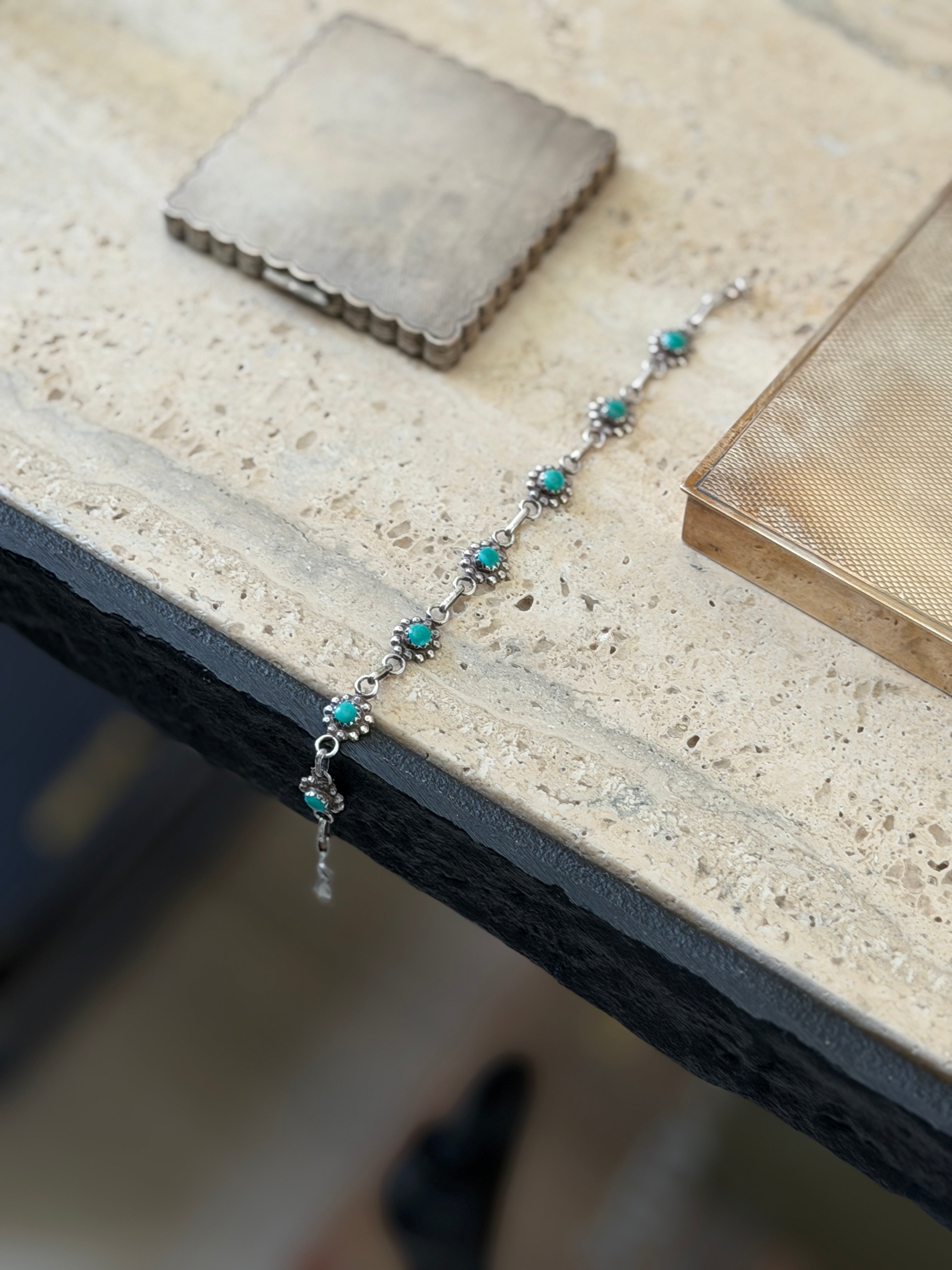 Vintage Sterling Silver & Turquoise Native American Station Link Bracelet | Collectors Gene