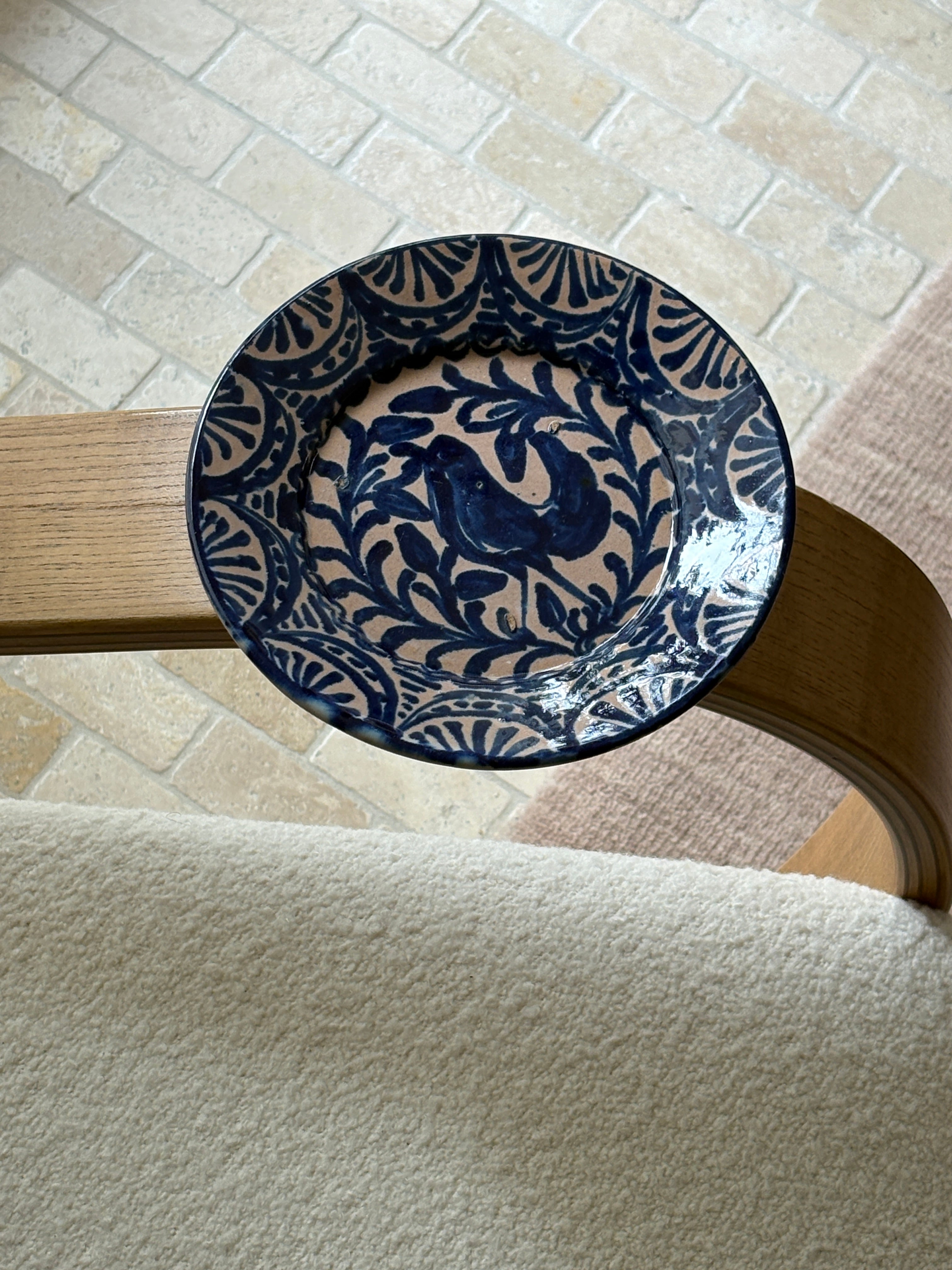 19th Century Spanish Lebrillo Plate with Bird Motif – Hand-Painted Blue Glaze No. 2 | Collectors Gene