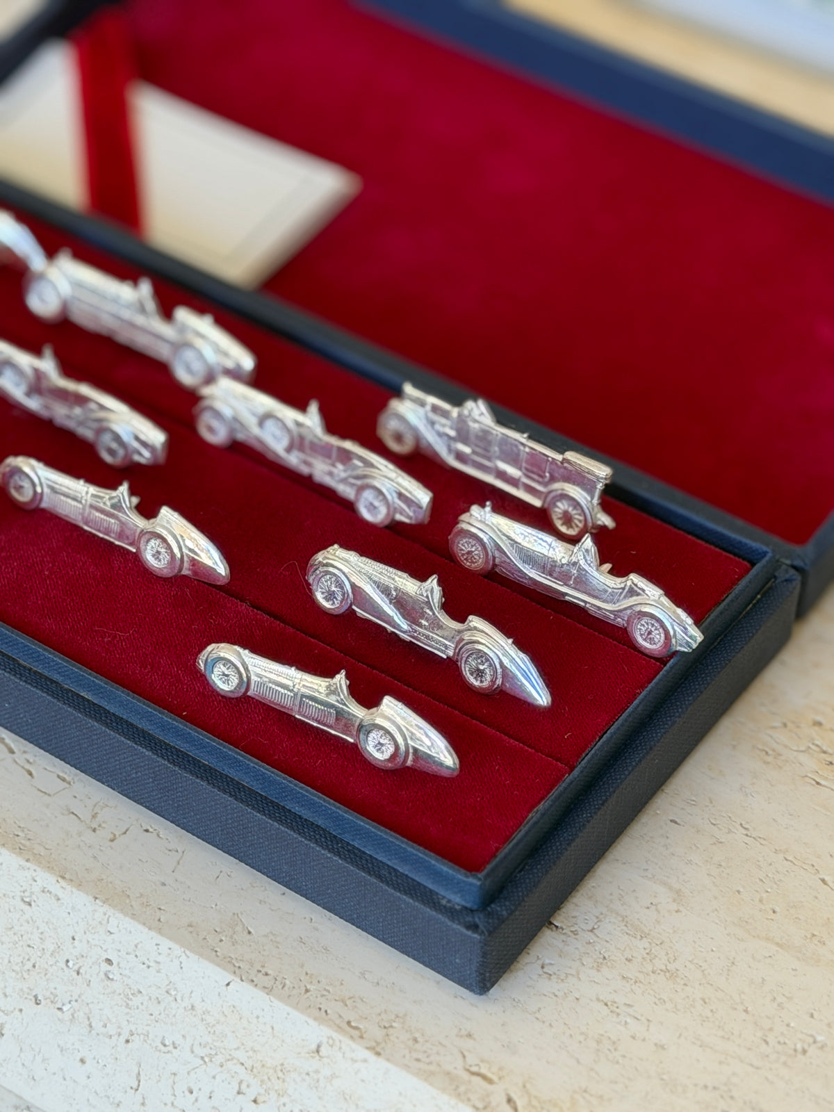 Close-up of several place card holders viewed from a low angle within the box