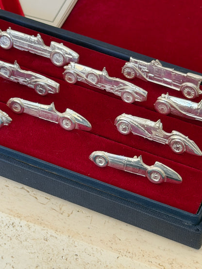 Closer diagonal view of the place card holders resting in their velvet compartments