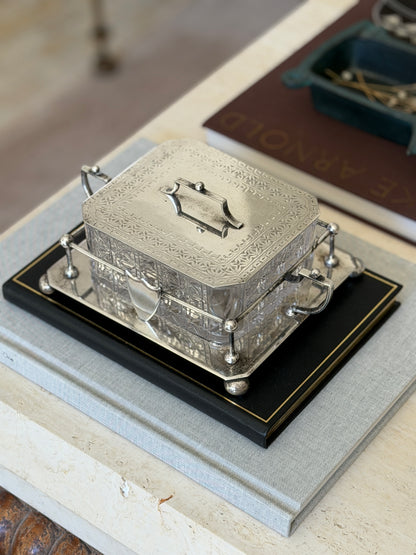 Antique Hukin Heath Sardine Box with Cut Glass Dish Silver Plate Frame Lid England c.1860 | Collectors Gene