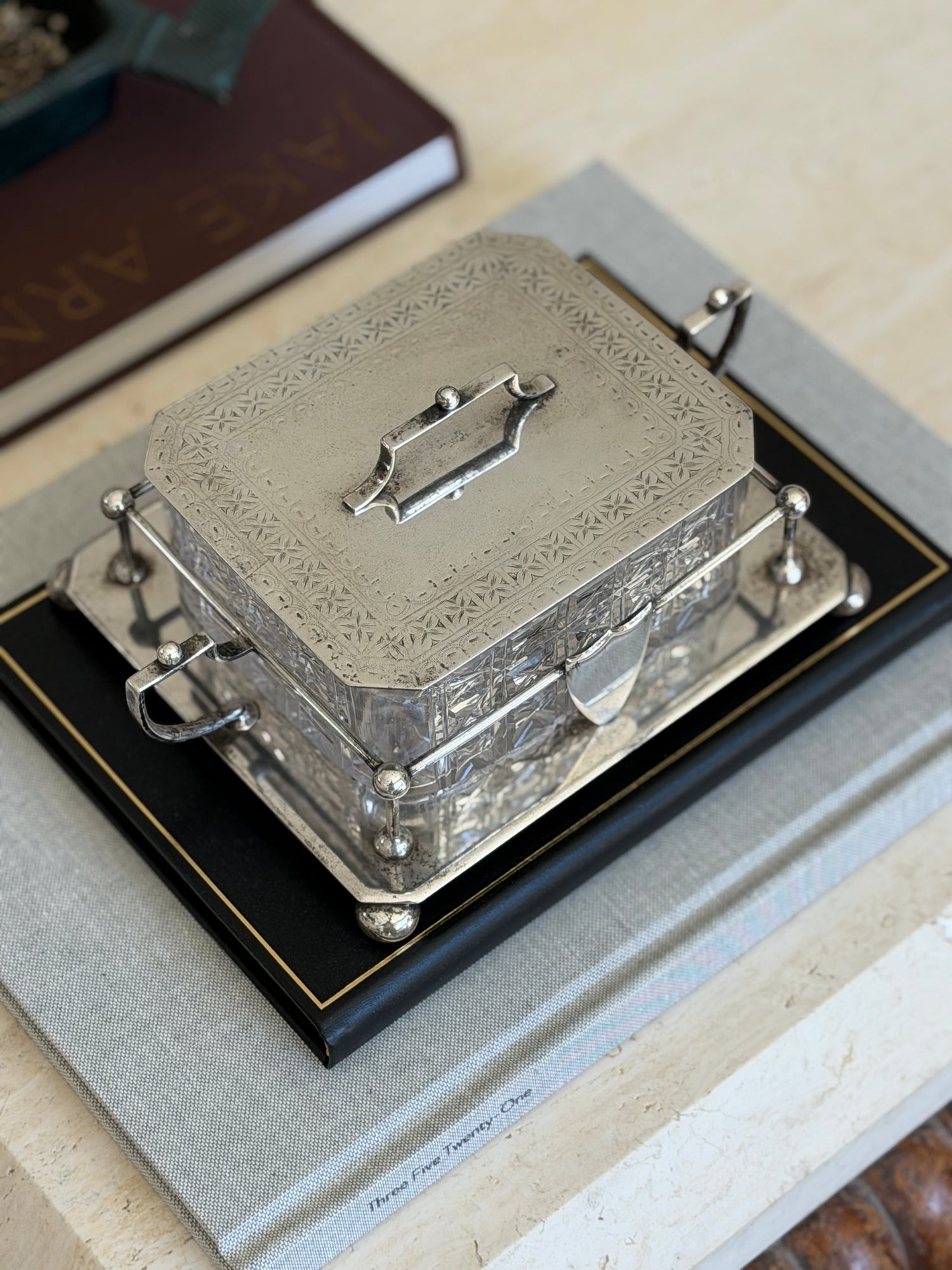 Antique Hukin Heath Sardine Box with Cut Glass Dish Silver Plate Frame Lid England c.1860 | Collectors Gene