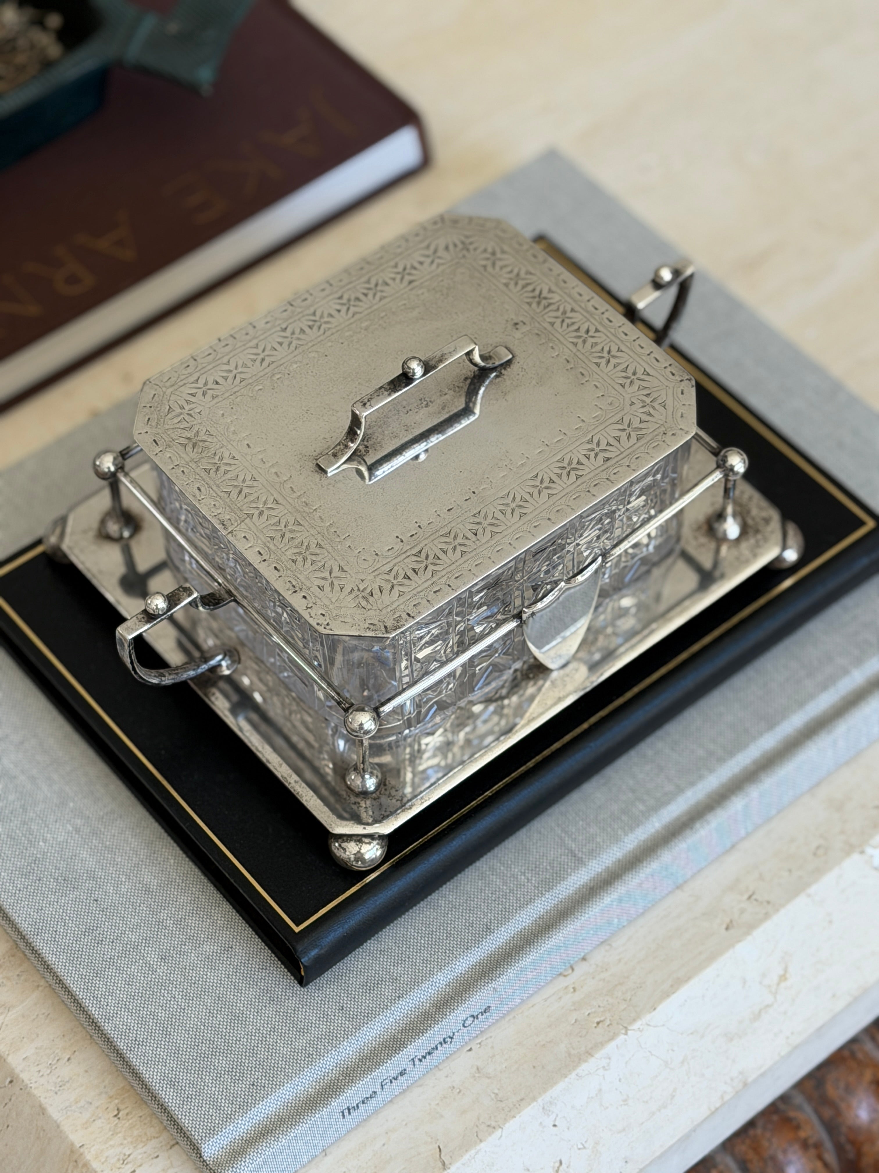 Antique Hukin Heath Sardine Box with Cut Glass Dish Silver Plate Frame Lid England c.1860 | Collectors Gene
