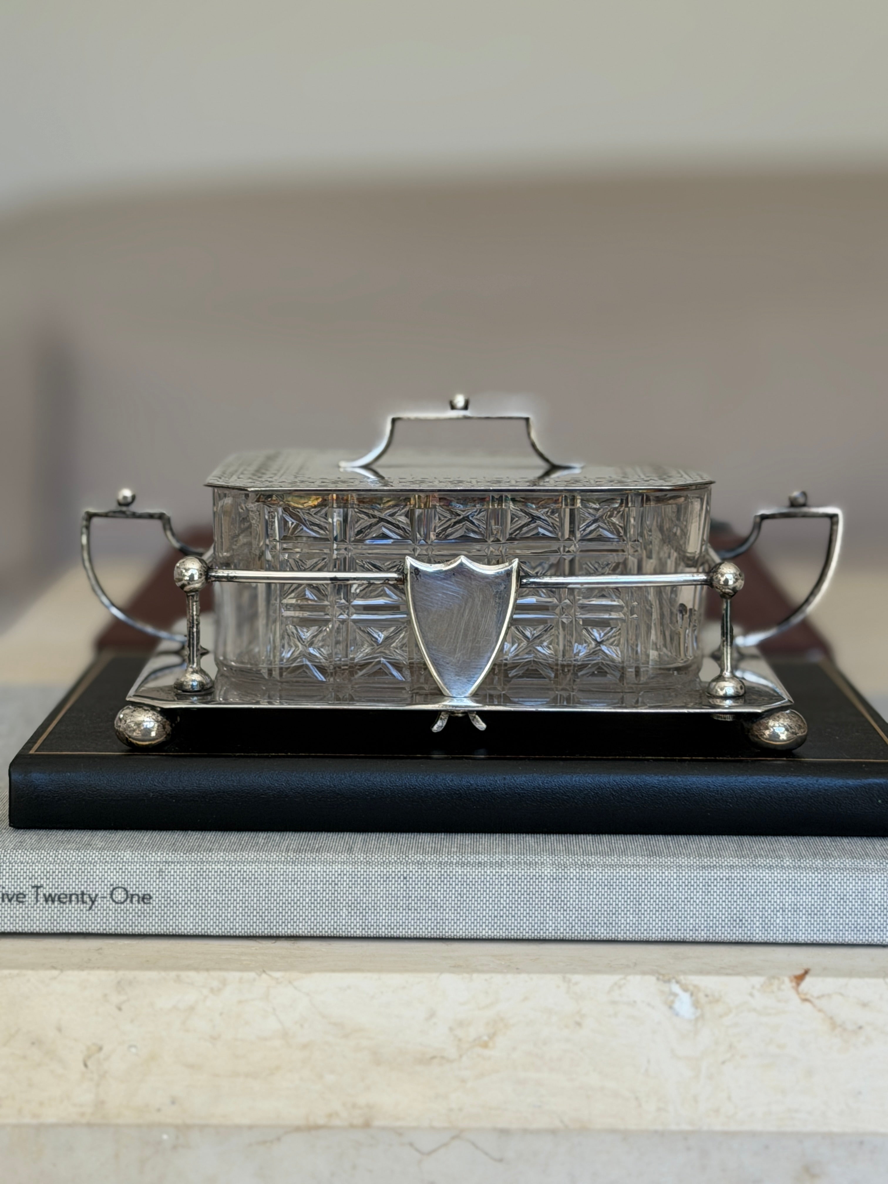 Antique Hukin Heath Sardine Box with Cut Glass Dish Silver Plate Frame Lid England c.1860 | Collectors Gene