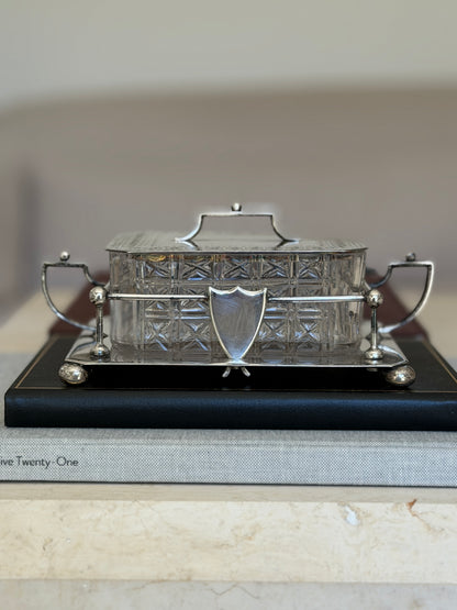 Antique Hukin Heath Sardine Box with Cut Glass Dish Silver Plate Frame Lid England c.1860 | Collectors Gene