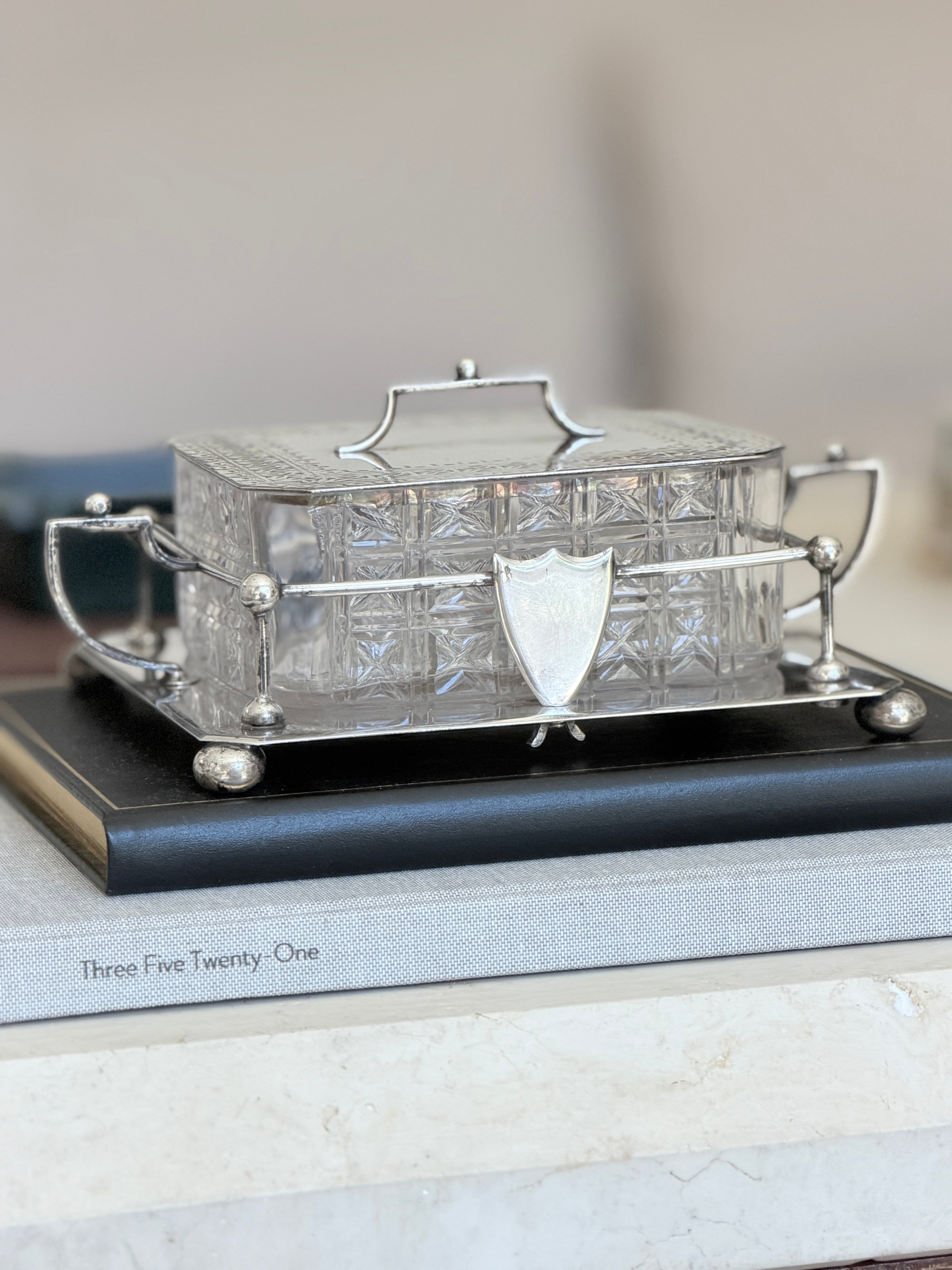 Antique Hukin Heath Sardine Box with Cut Glass Dish Silver Plate Frame Lid England c.1860 | Collectors Gene